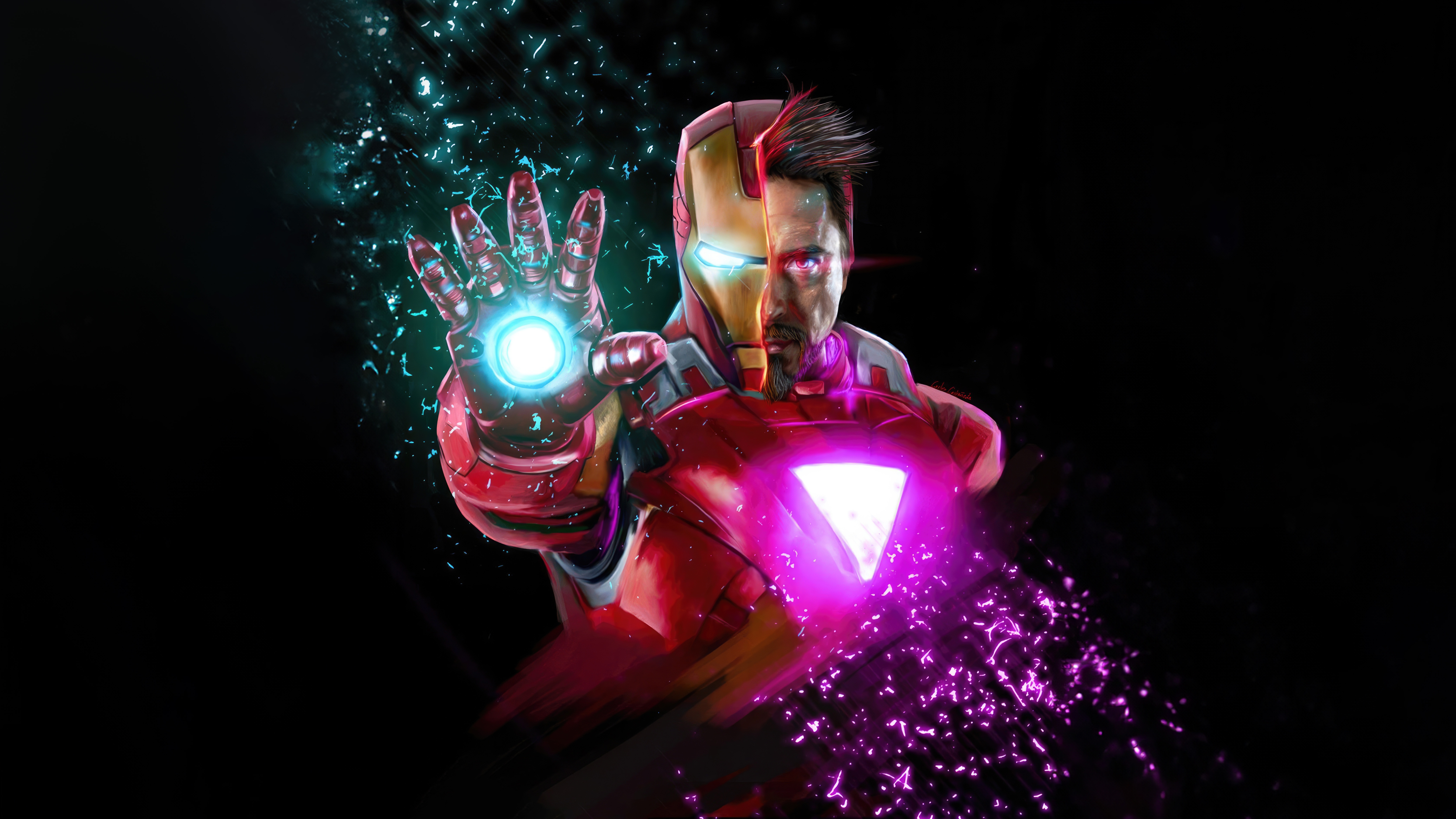 Iron Man with glowing repulsor and chest piece HD Wallpaper
