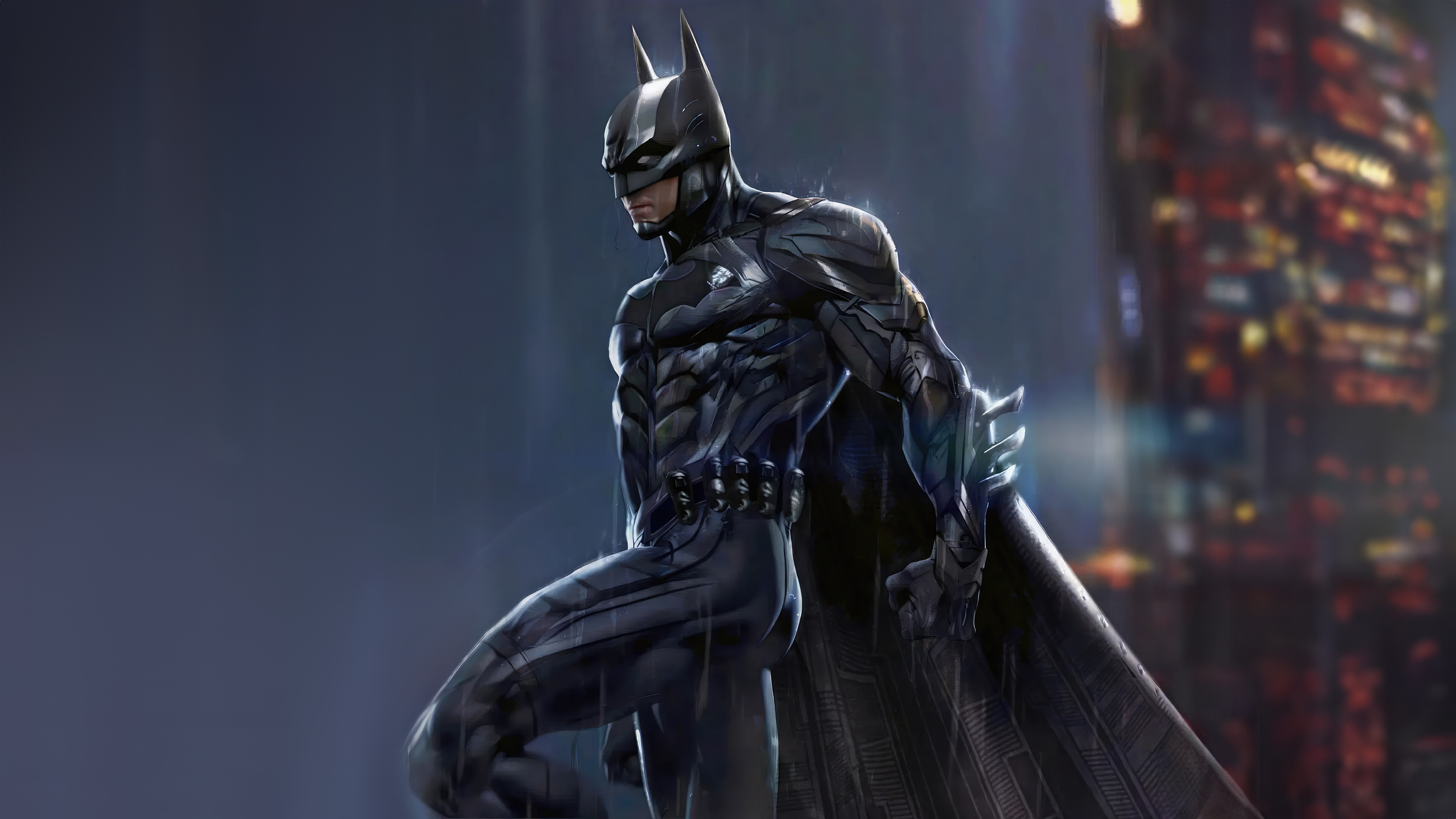 Batman in a dark, rainy city HD Wallpaper