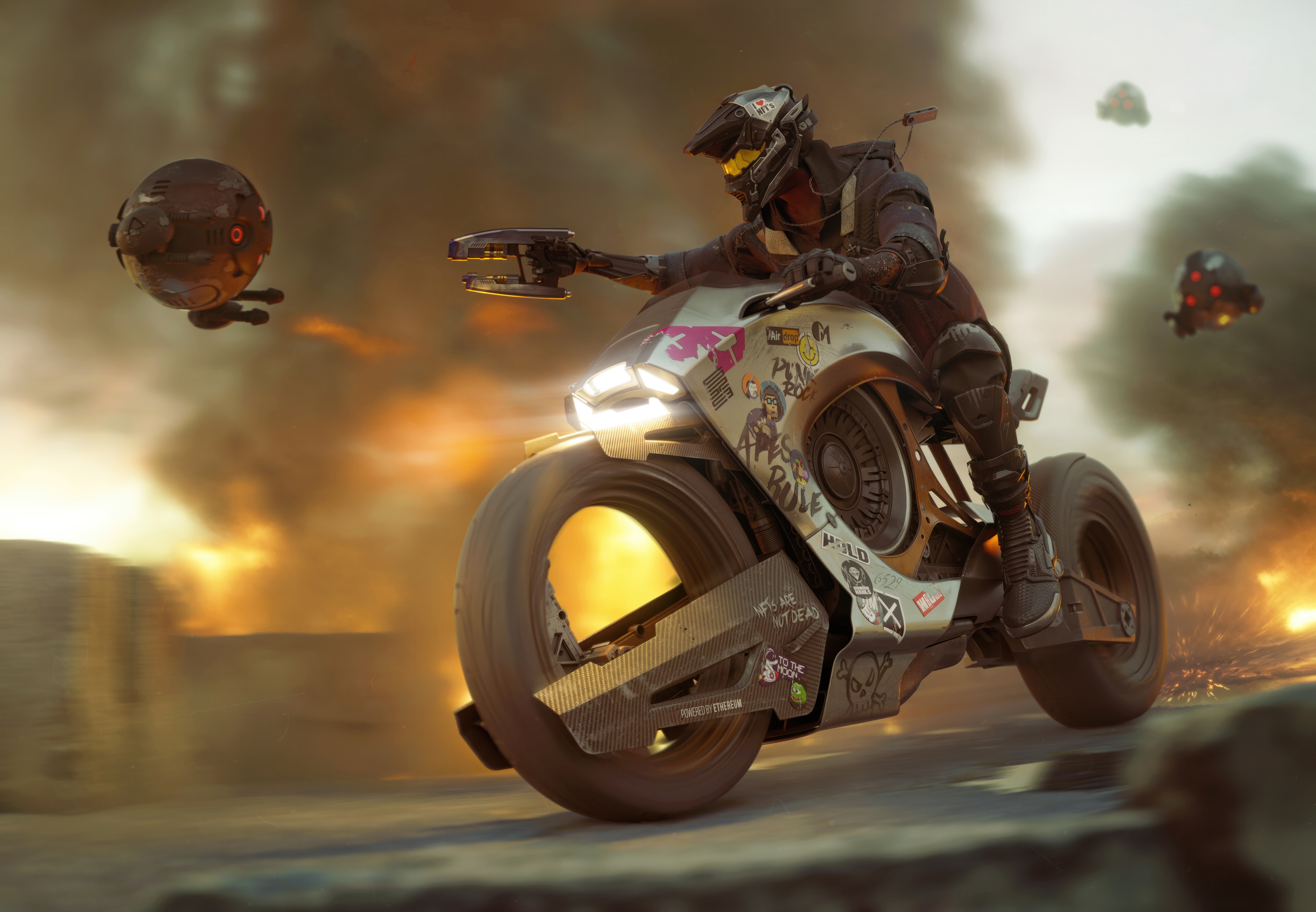 Cyberpunk motorcycle rider chased by drones HD Wallpaper