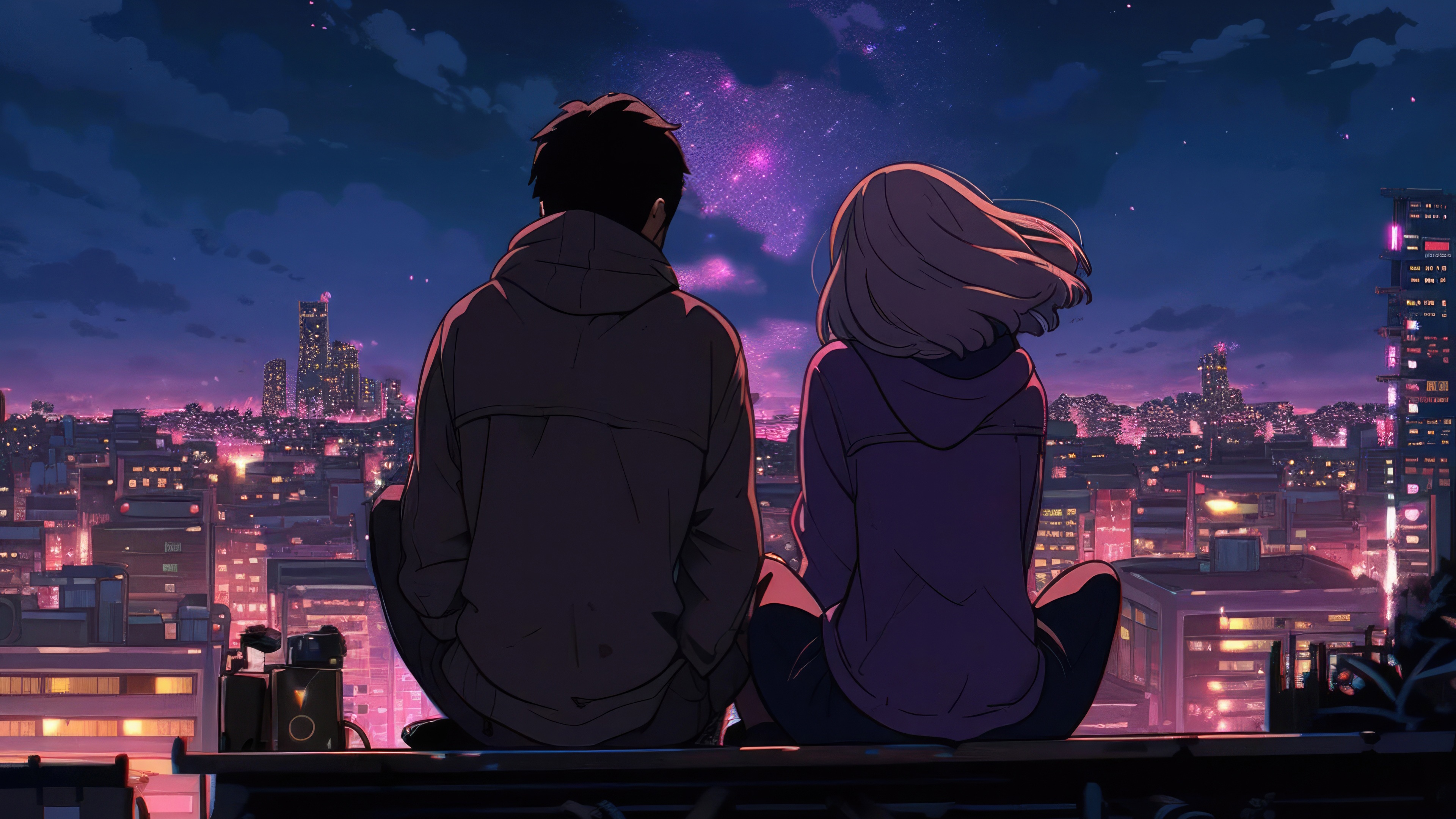 Couple enjoying a starry night over a city HD Wallpaper
