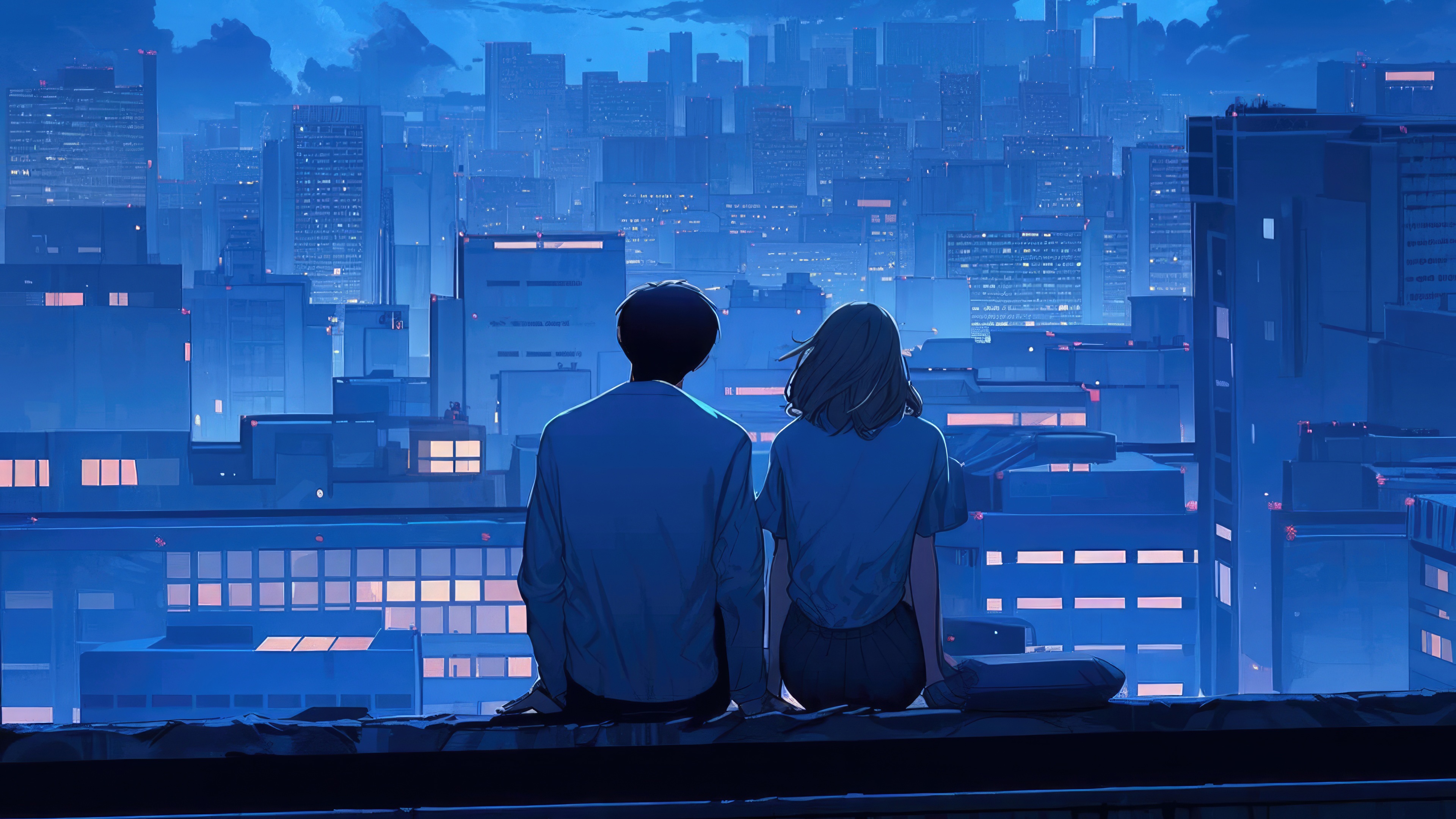 Couple on a rooftop overlooking a city at night HD Wallpaper