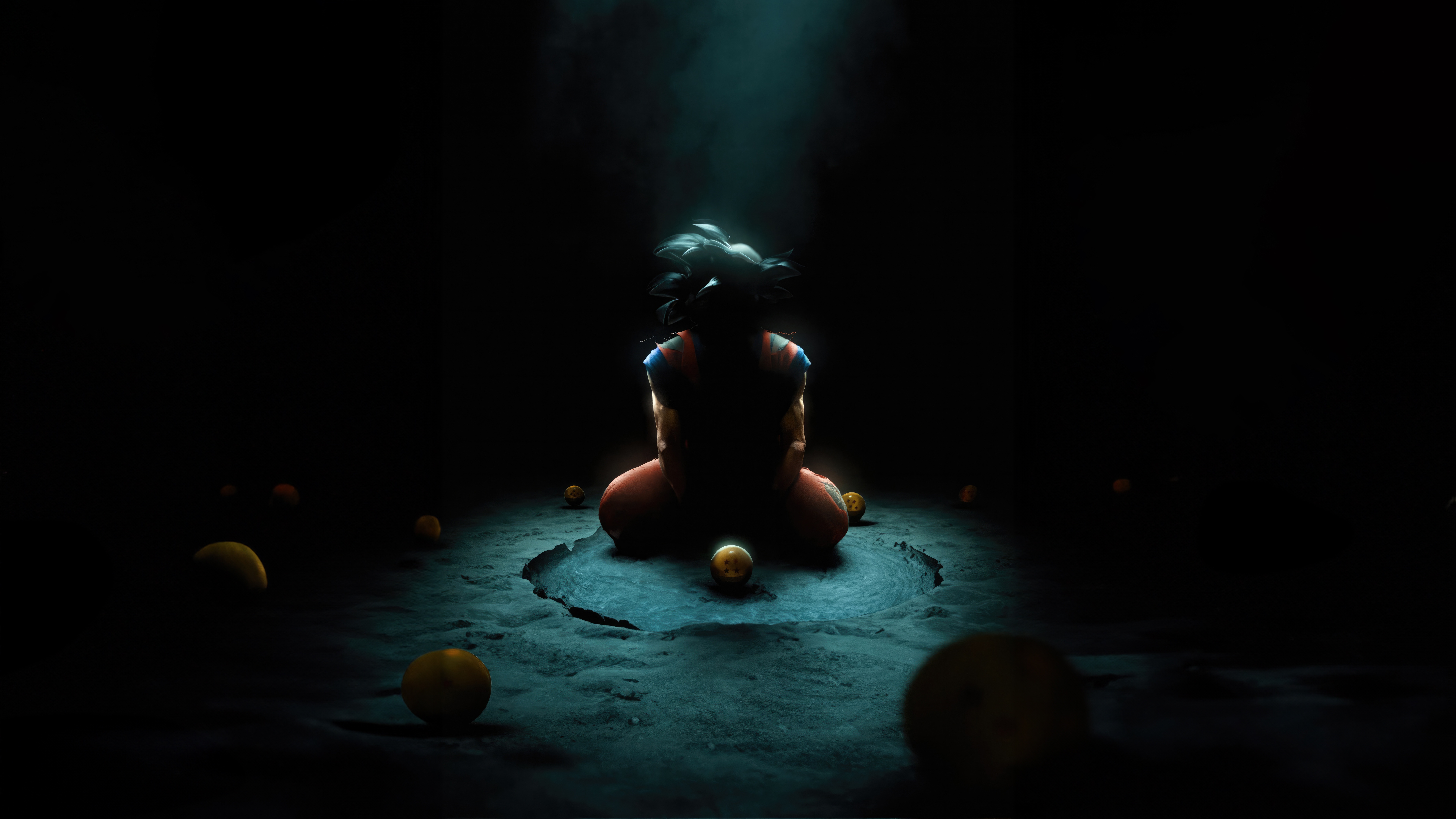 Goku sits with Dragon Balls in dark environment HD Wallpaper