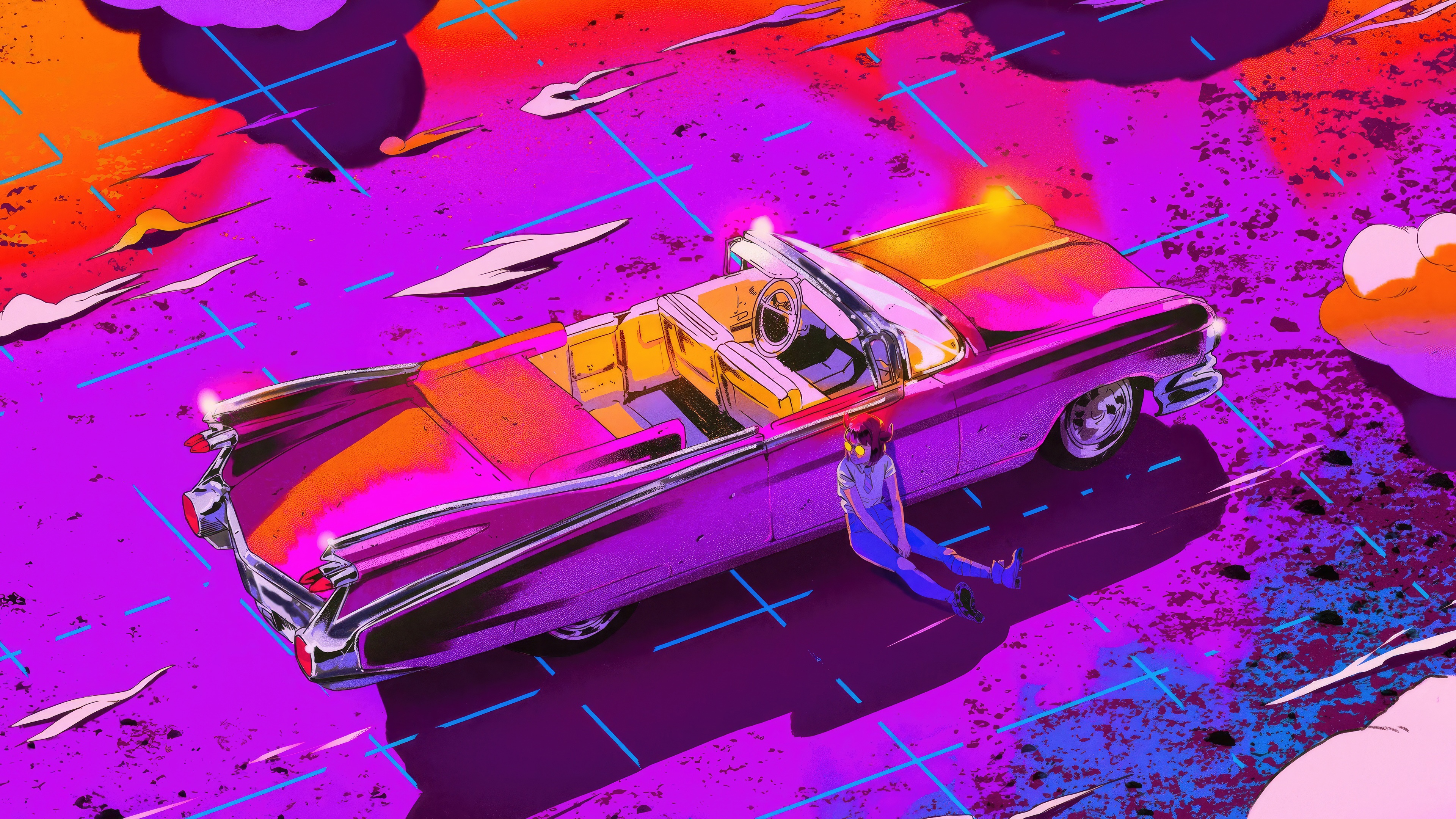 Retro Sega Girl Sitting by a Pink Convertible HD Wallpaper