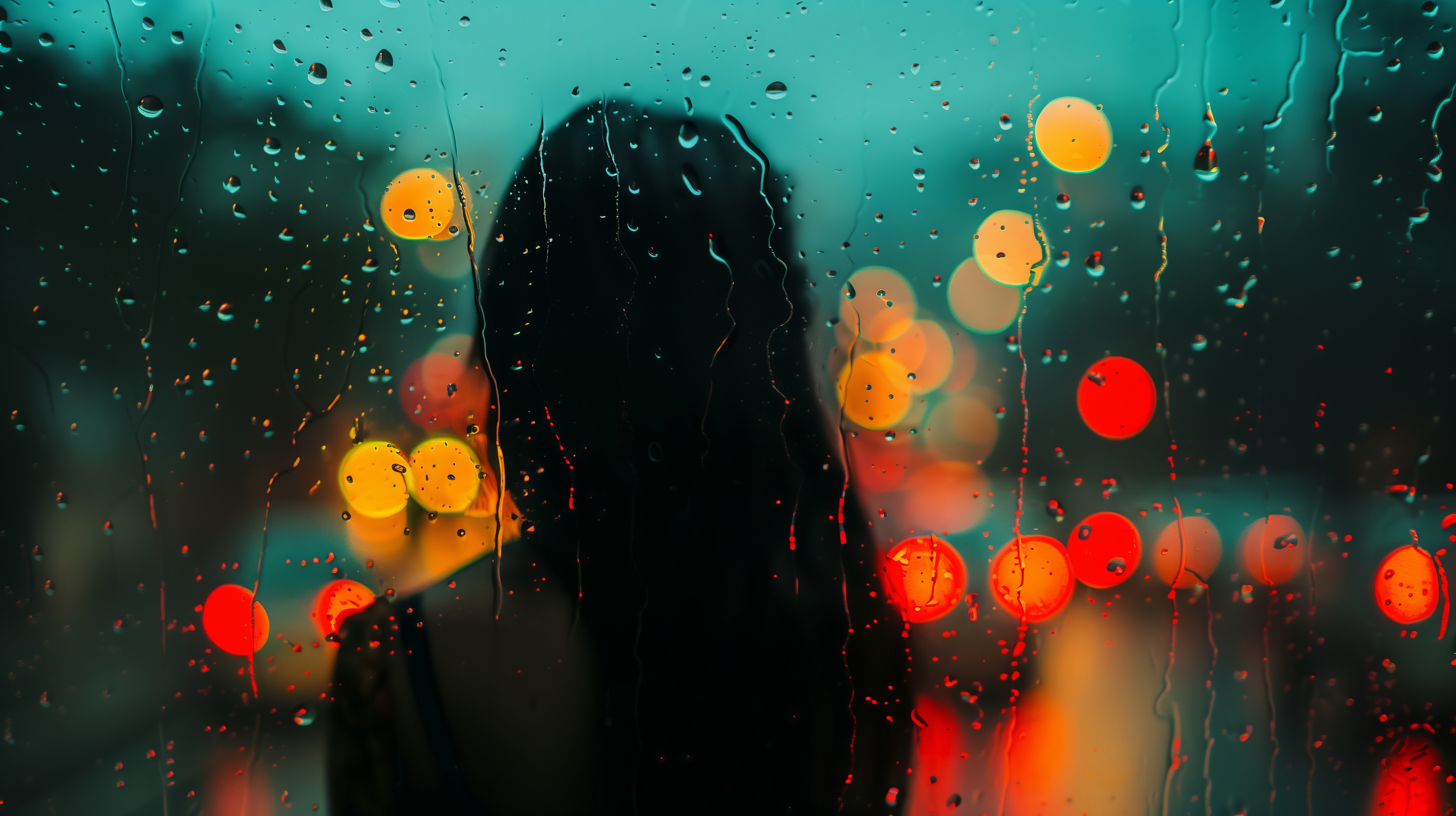 Woman looking through a rainy window at bokeh lights HD Wallpaper