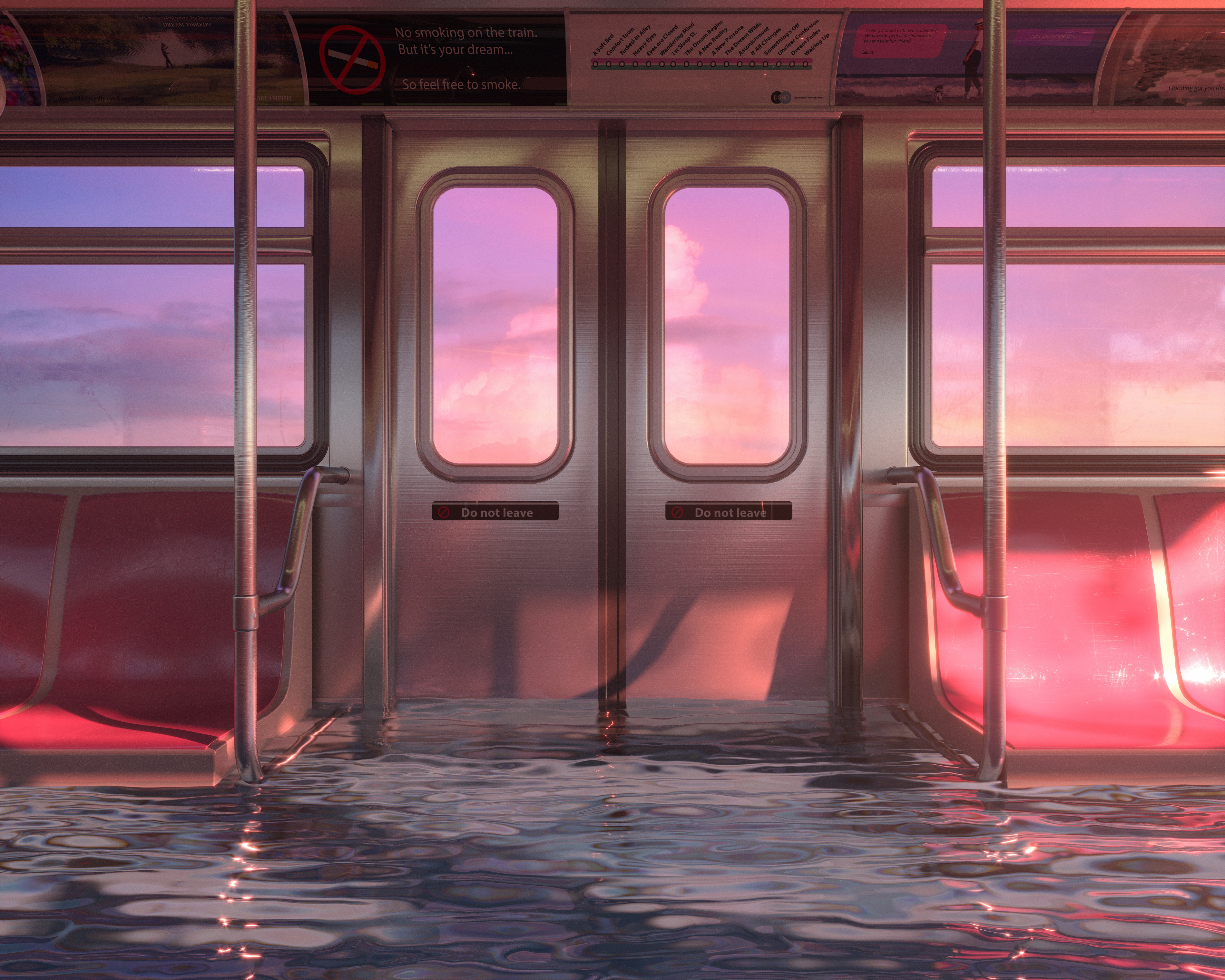 Flooded Subway Train with Sunset Sky HD Wallpaper