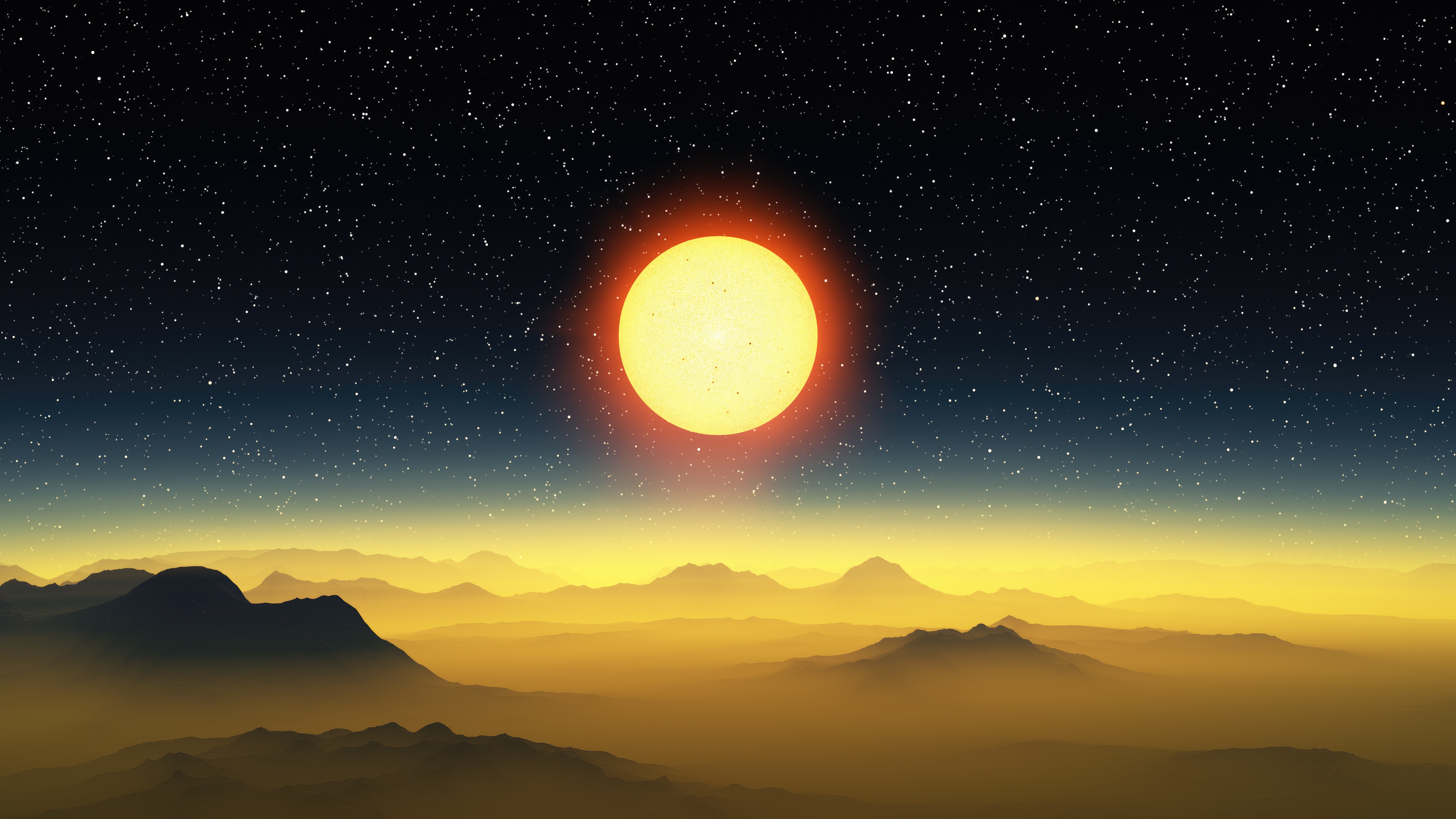 A large sun shines over misty mountains under a starry sky. HD Wallpaper
