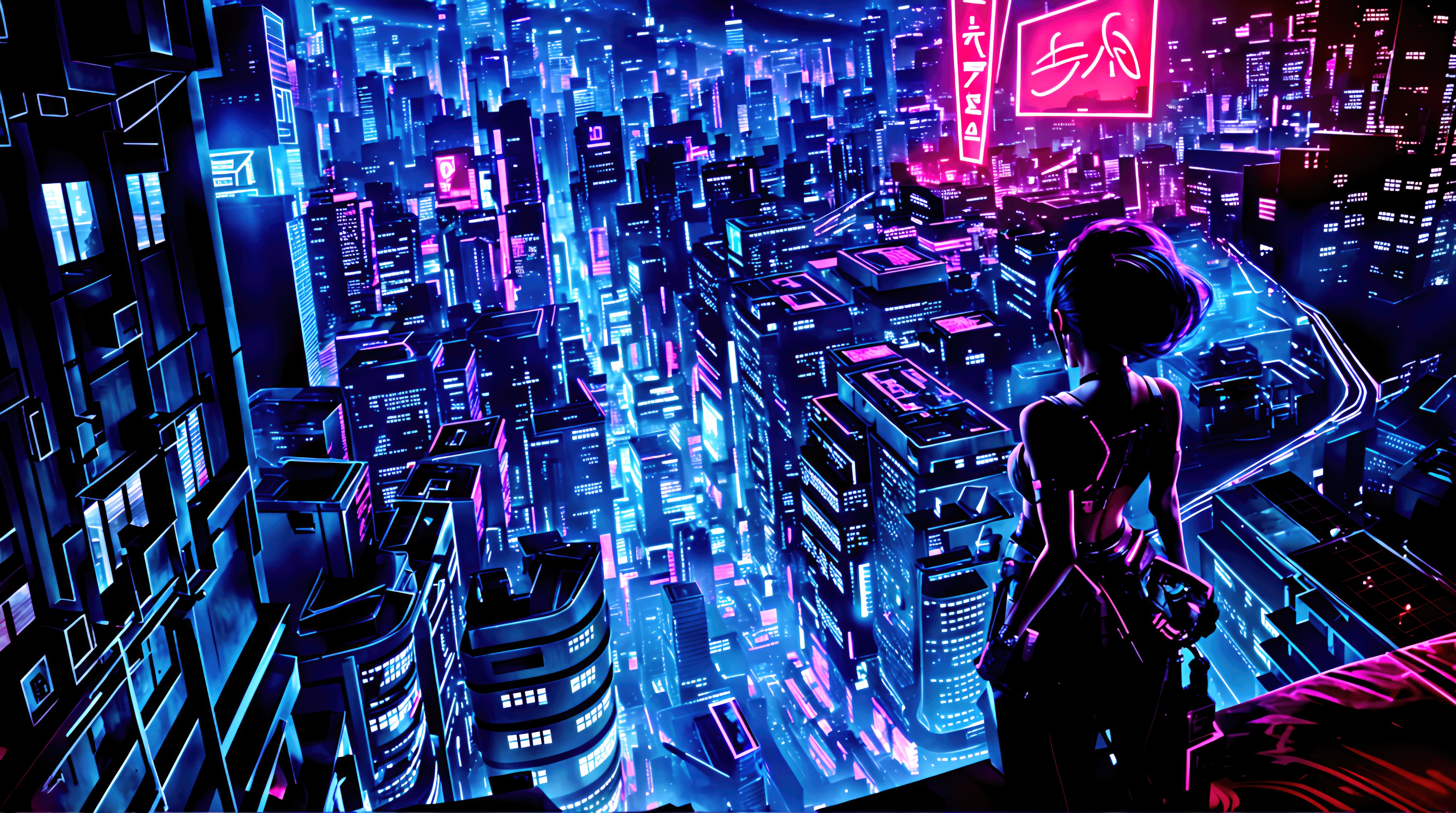 Girl overlooking a neon-lit cyberpunk city HD Wallpaper