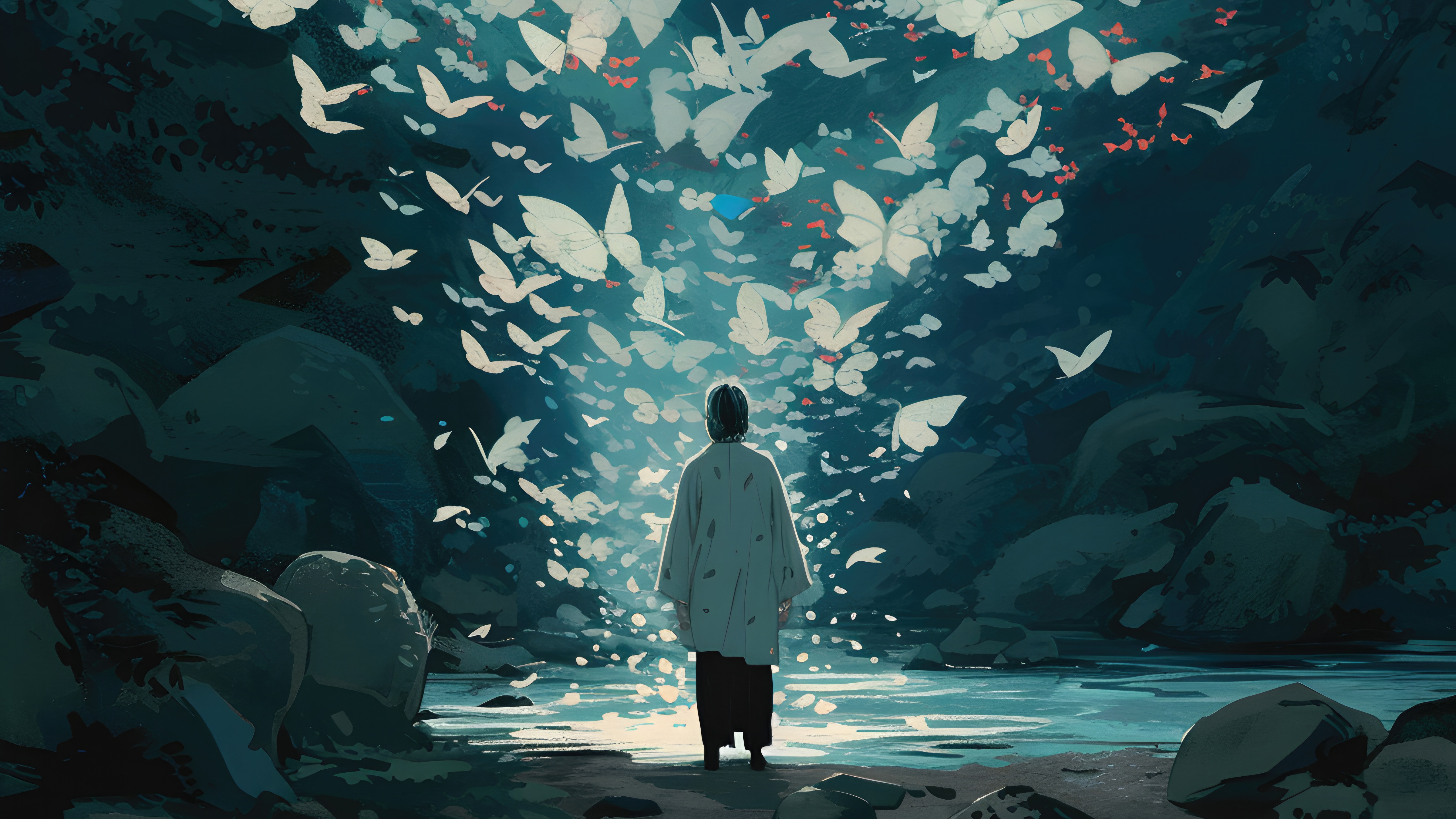 A person surrounded by a swarm of butterflies HD Wallpaper