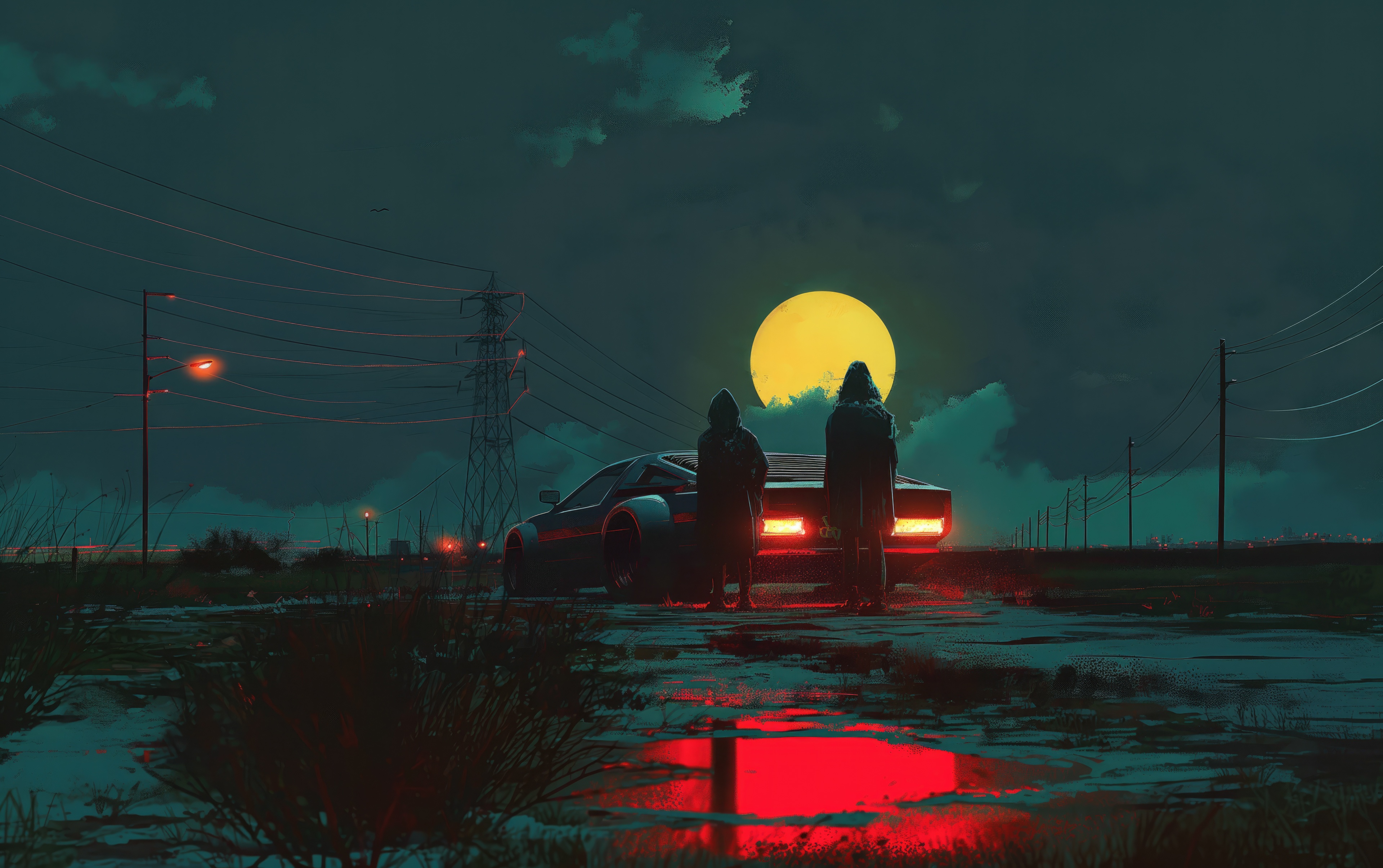 Two figures stand by a car under a large yellow moon HD Wallpaper