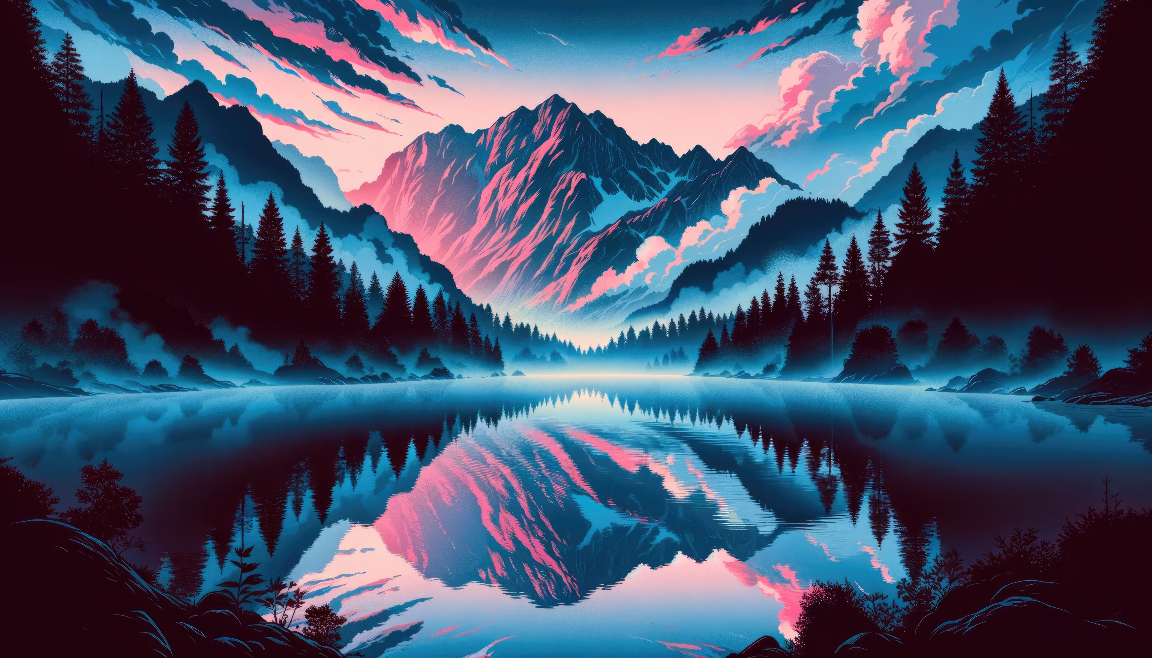 Mountains and Lake with Pink and Blue Clouds HD Wallpaper