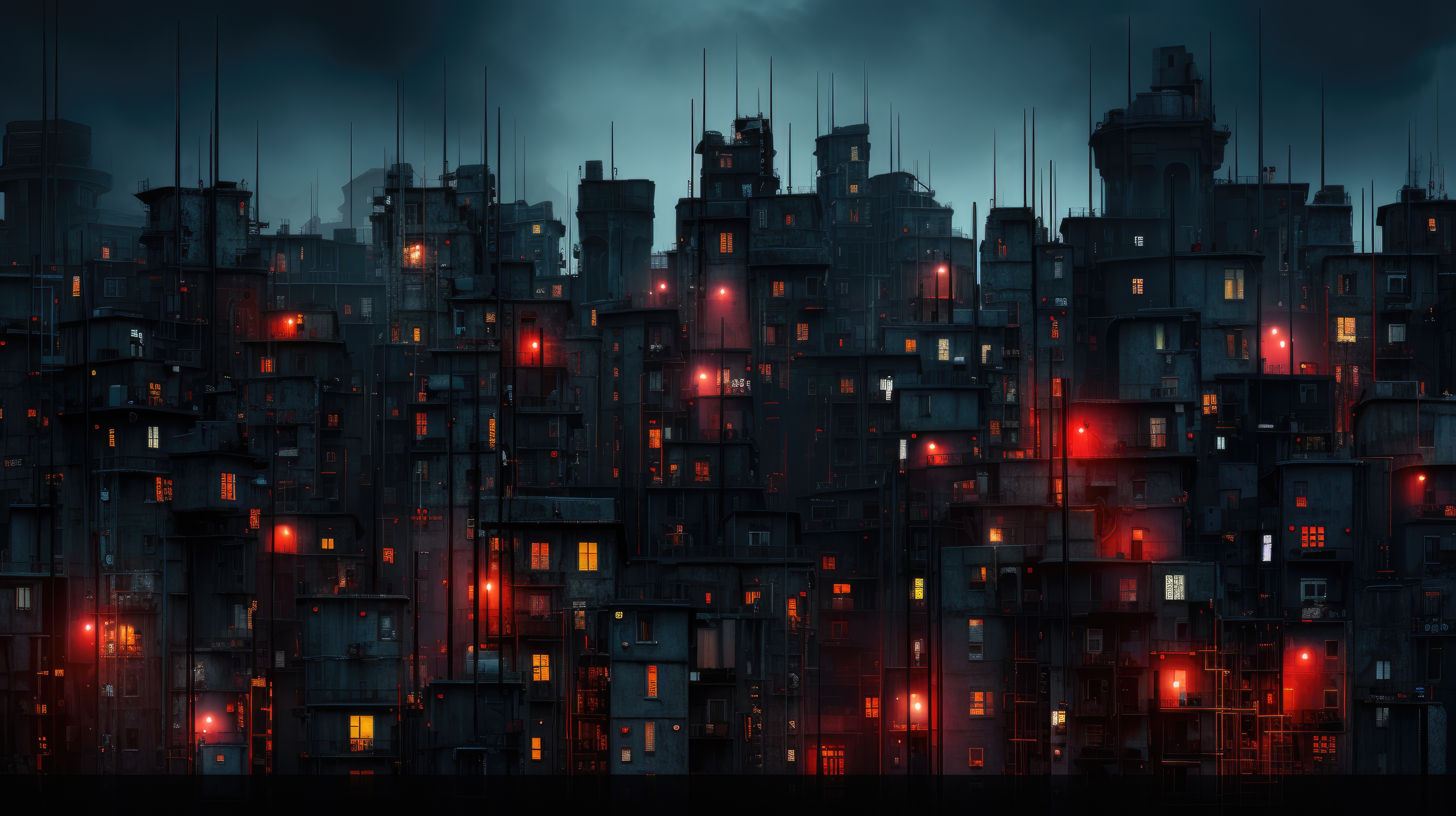Dark Cityscape with Red and Yellow Lights HD Wallpaper