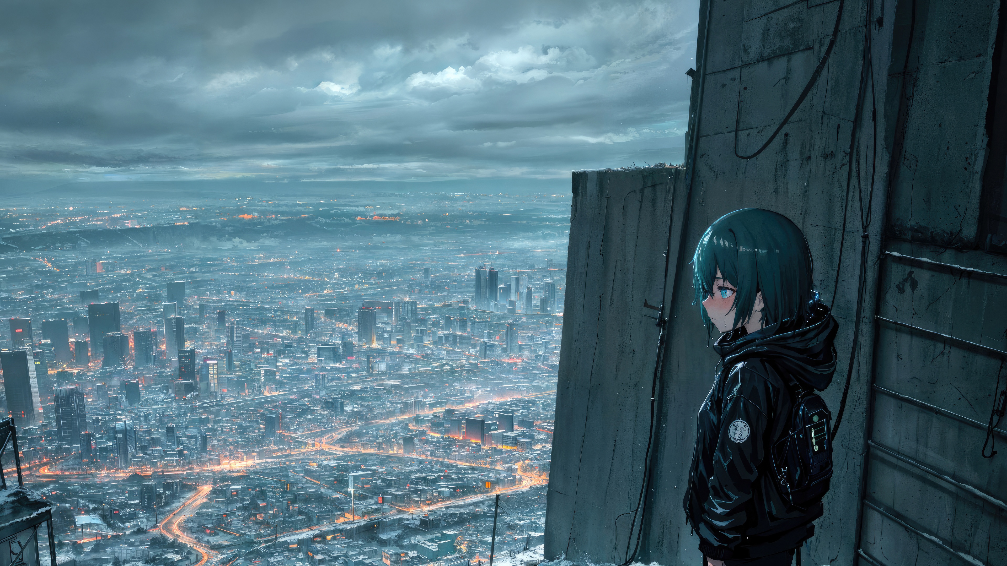 Anime girl looking at a city at dusk HD Wallpaper