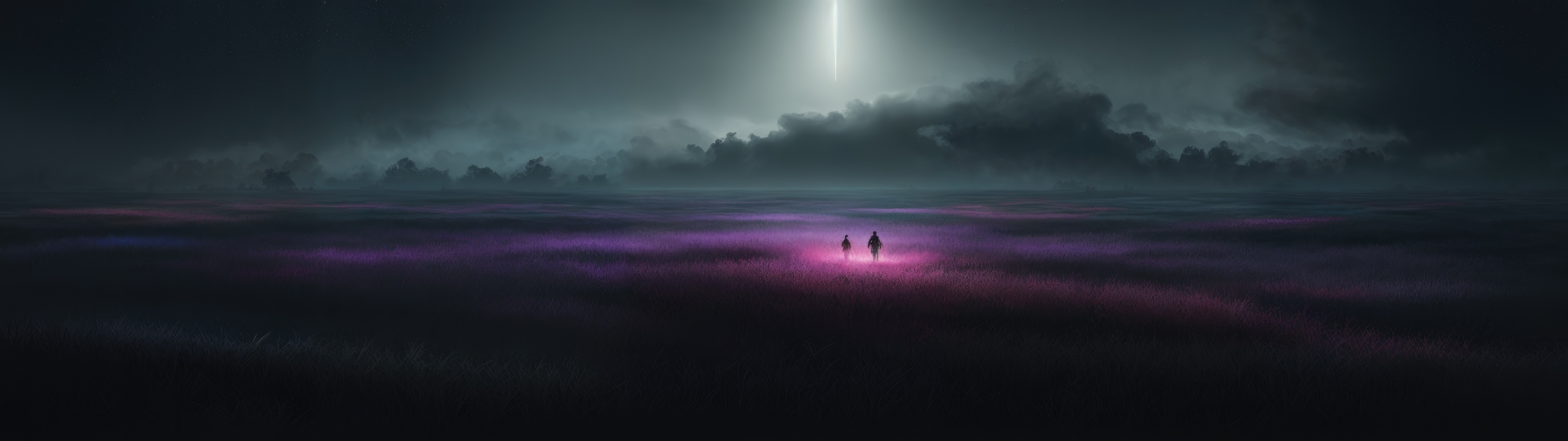 Two figures walk through a violet misty landscape under a stormy sky. HD Wallpaper