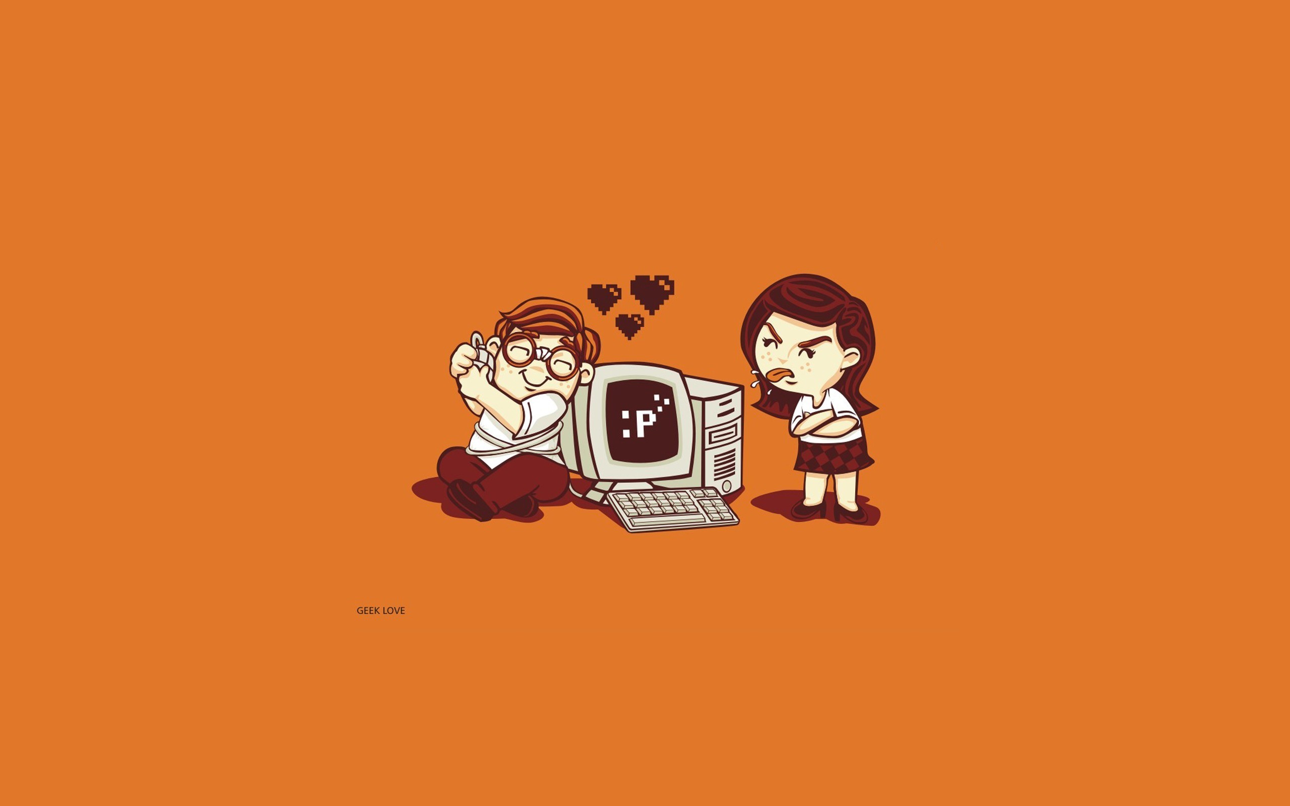 Geek love with computer and angry girl HD Wallpaper