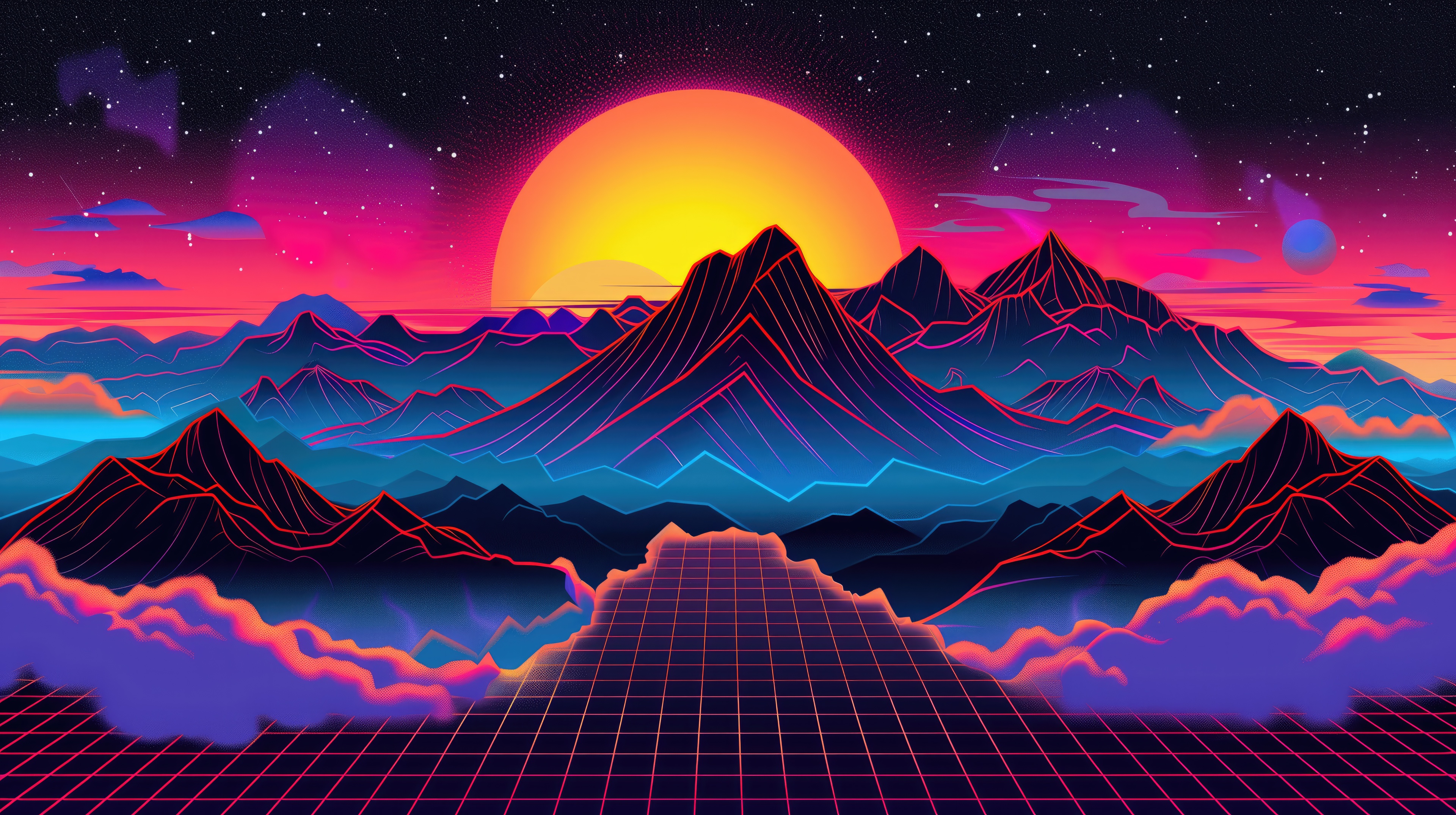 Retro Mountains World with Neon Grid HD Wallpaper
