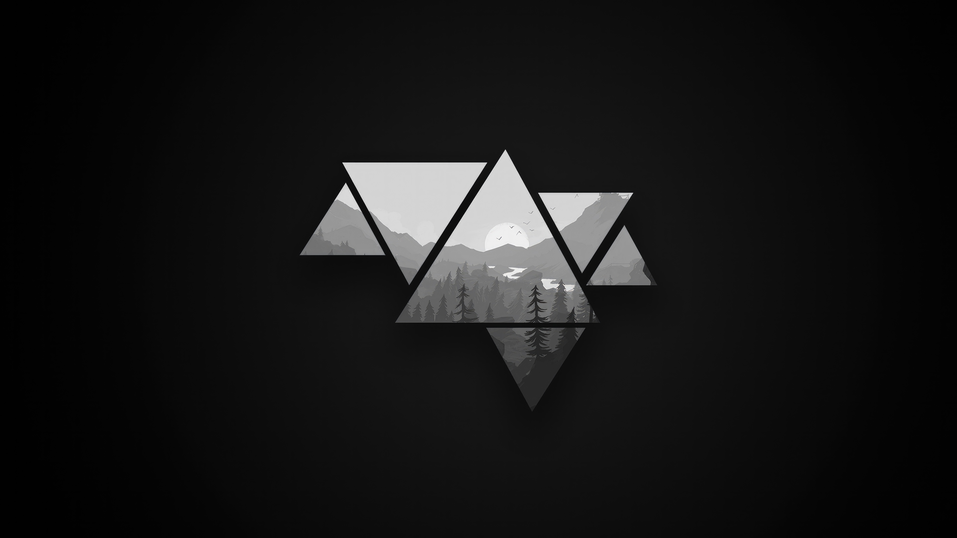 Geometric Mountain Landscape with Sun and Trees HD Wallpaper