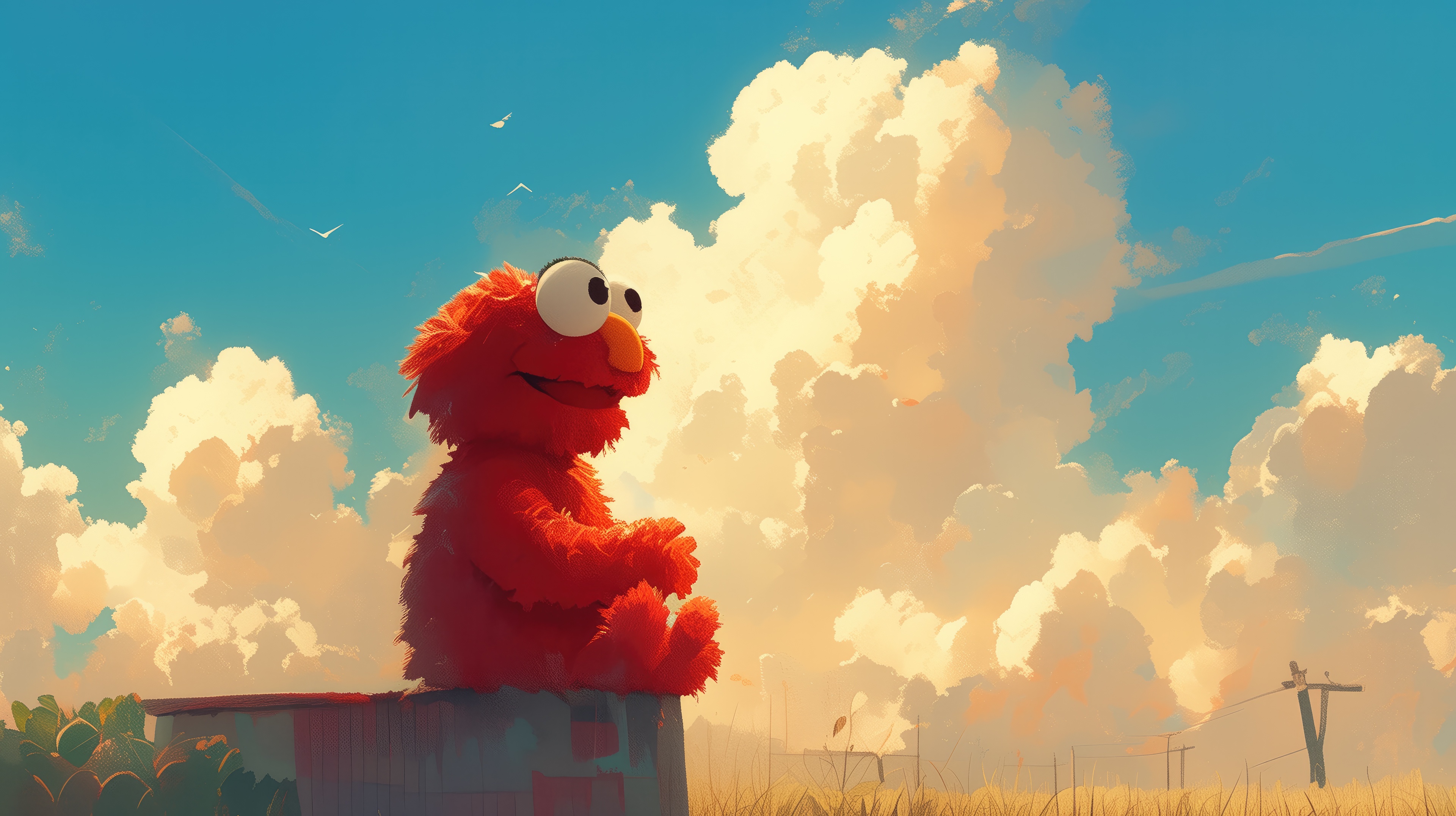 Elmo sitting on a ledge under a cloudy sky HD Wallpaper