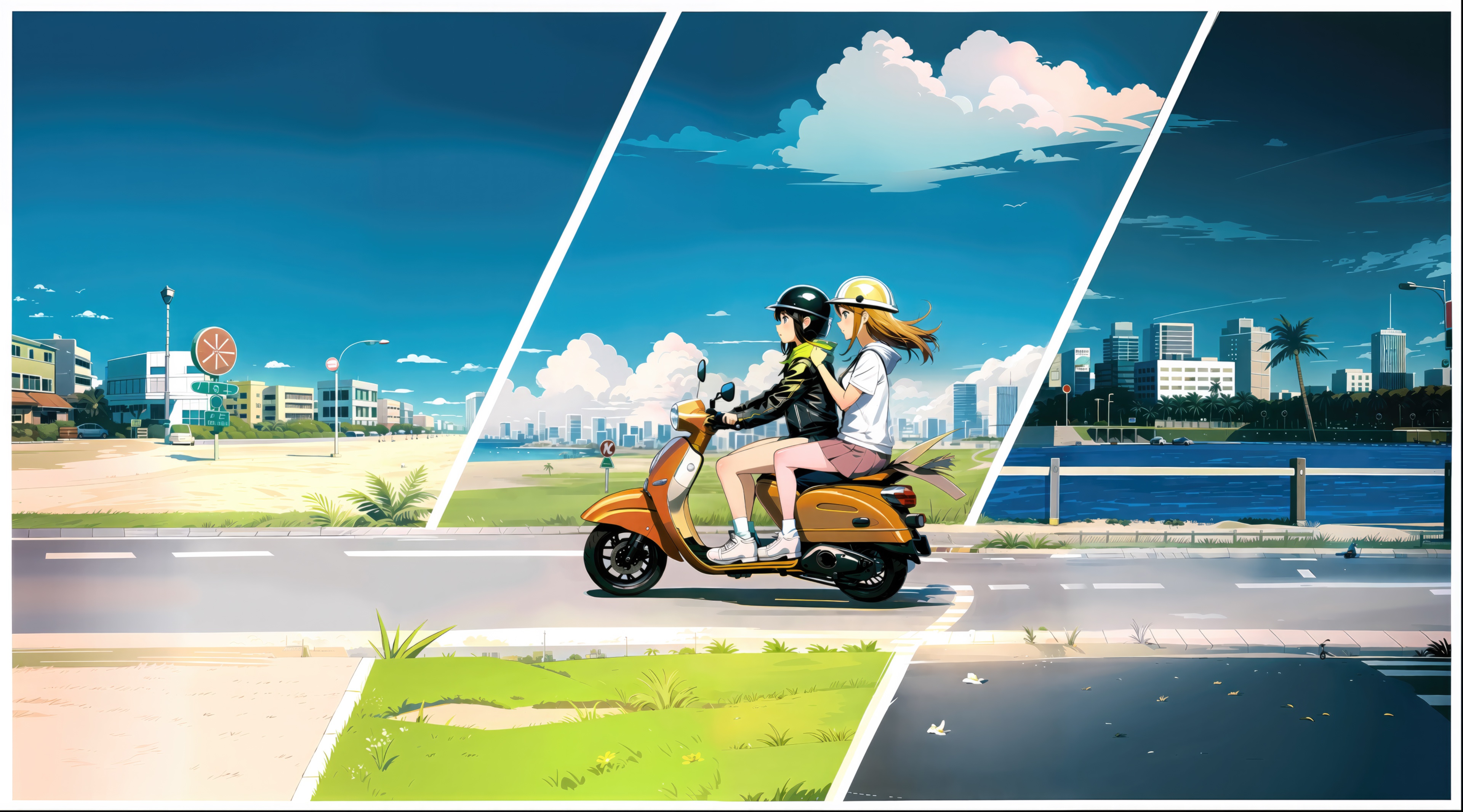Anime girls riding a scooter along a coastal city road HD Wallpaper