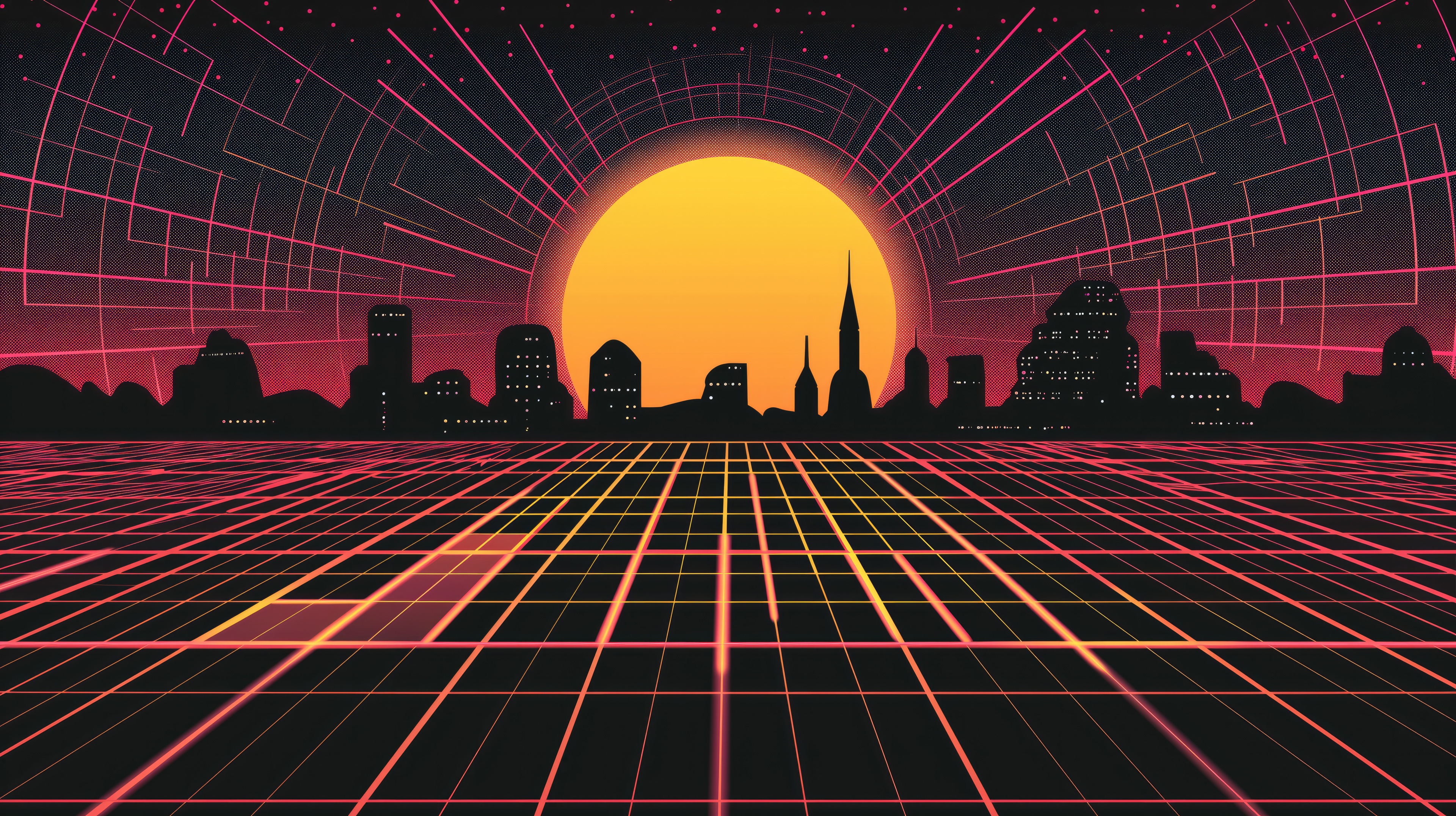 Retro Futuristic Cityscape with Grid Horizon HD Wallpaper