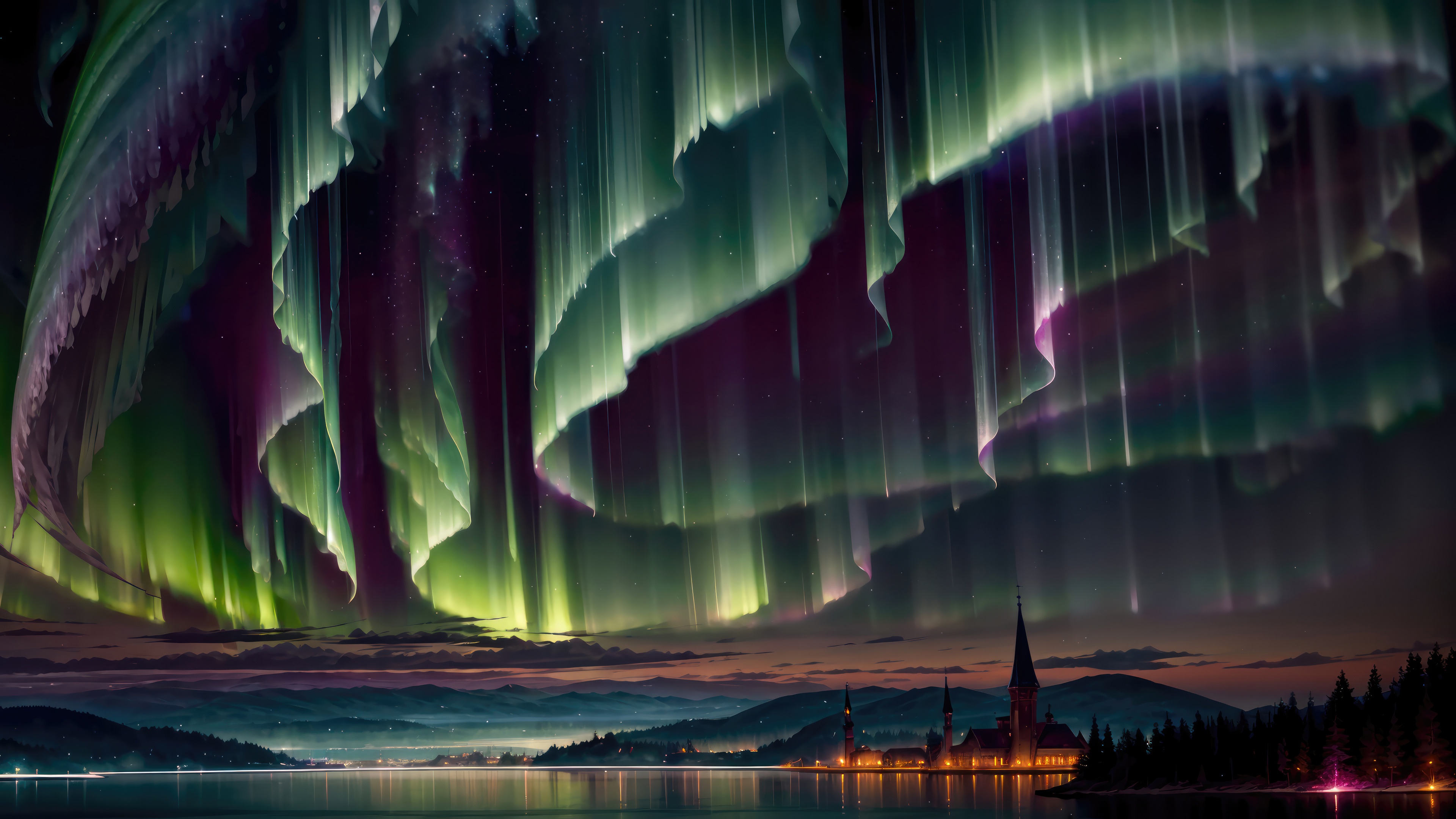 Aurora Borealis over a town by a lake HD Wallpaper