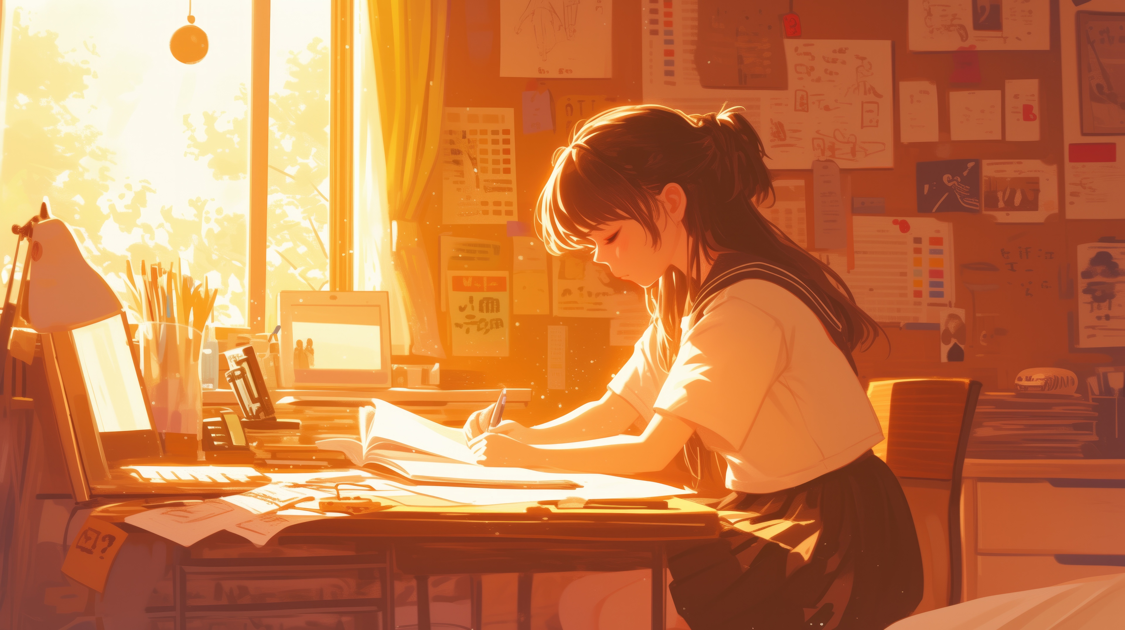 Anime girl studying at a desk bathed in sunlight HD Wallpaper