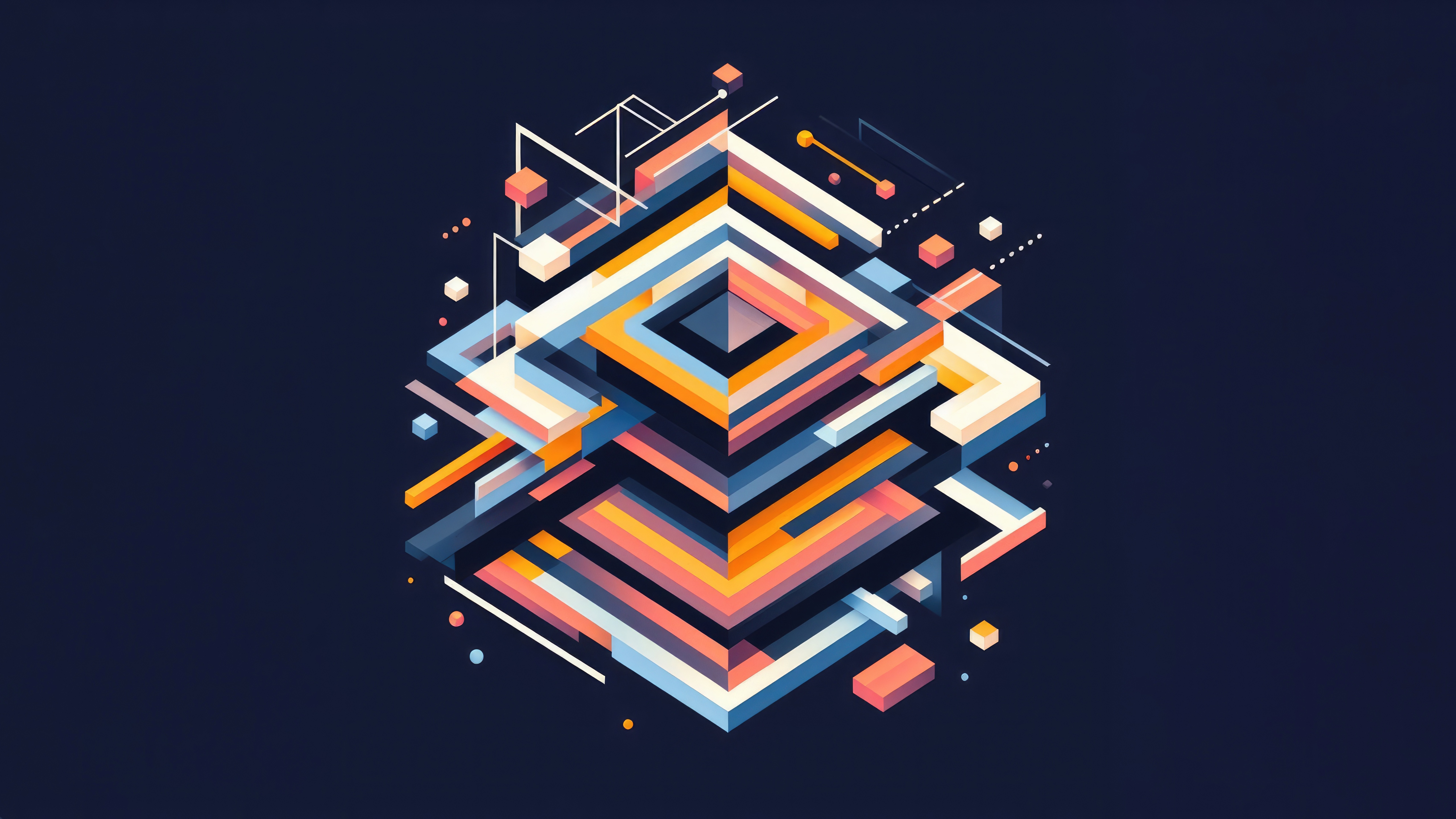Abstract geometric layers interwoven with lines and cubes HD Wallpaper