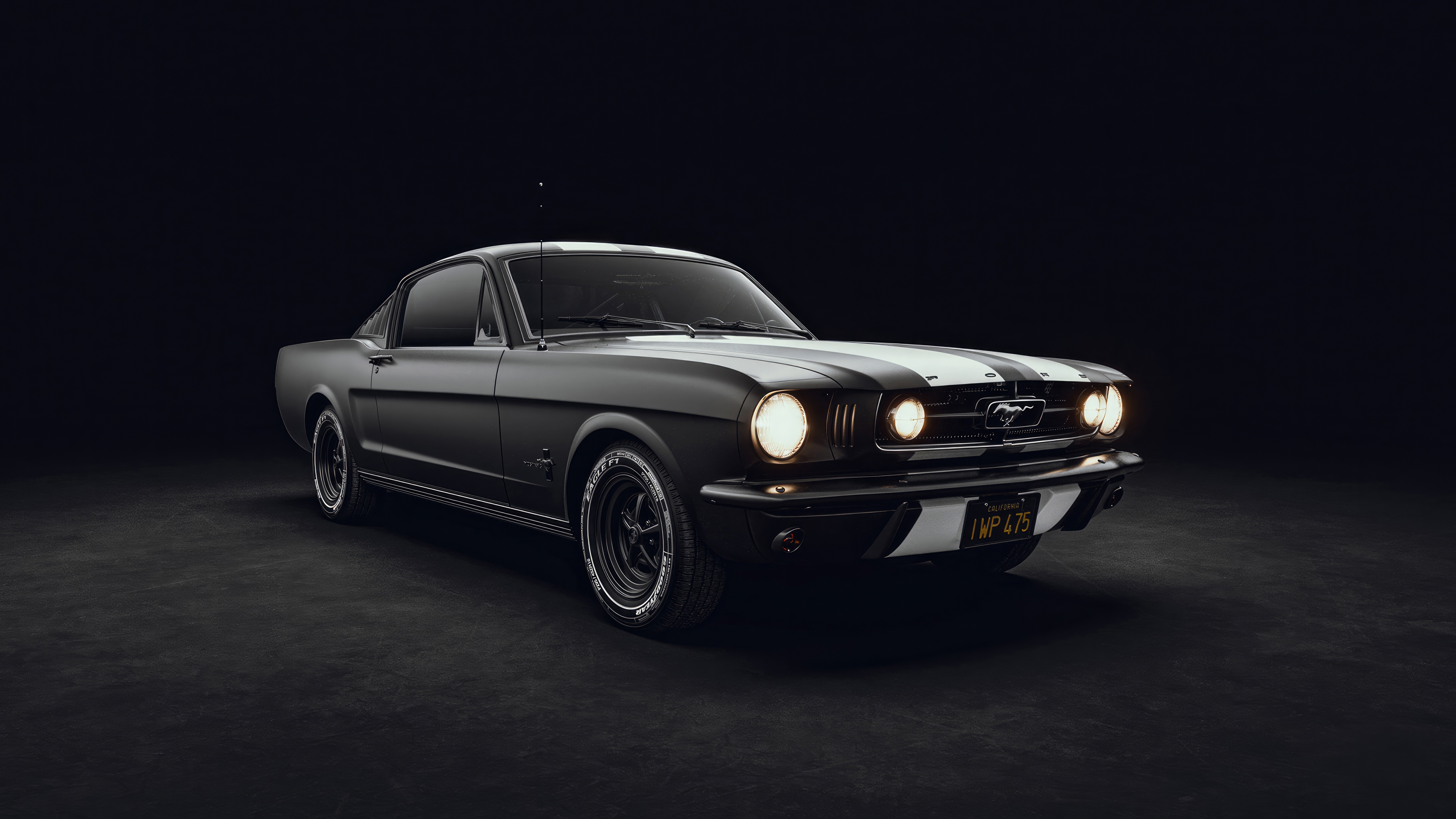 Black Ford Mustang Fastback with White Stripes HD Wallpaper