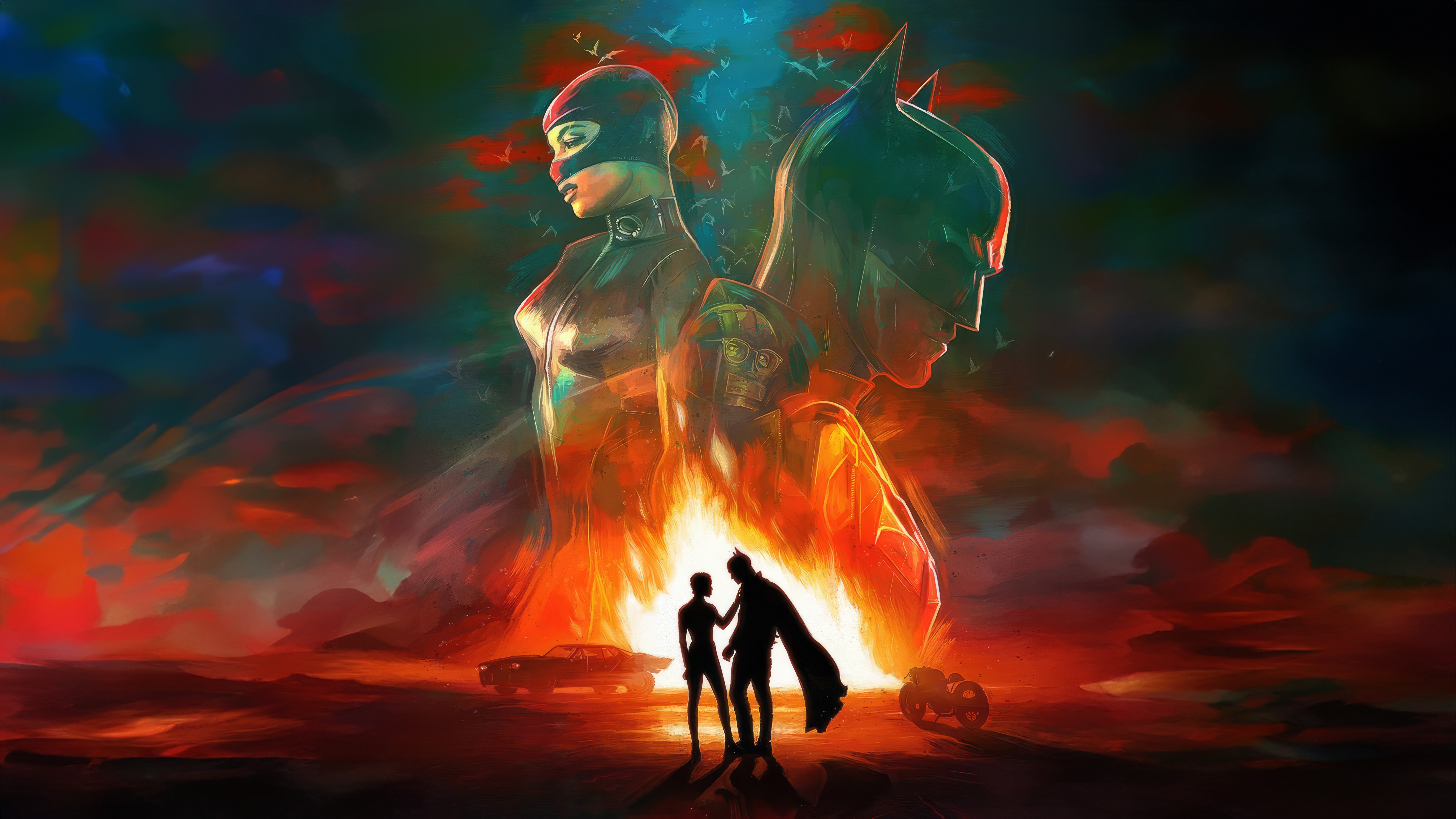 Batman and Catwoman in a fiery landscape HD Wallpaper