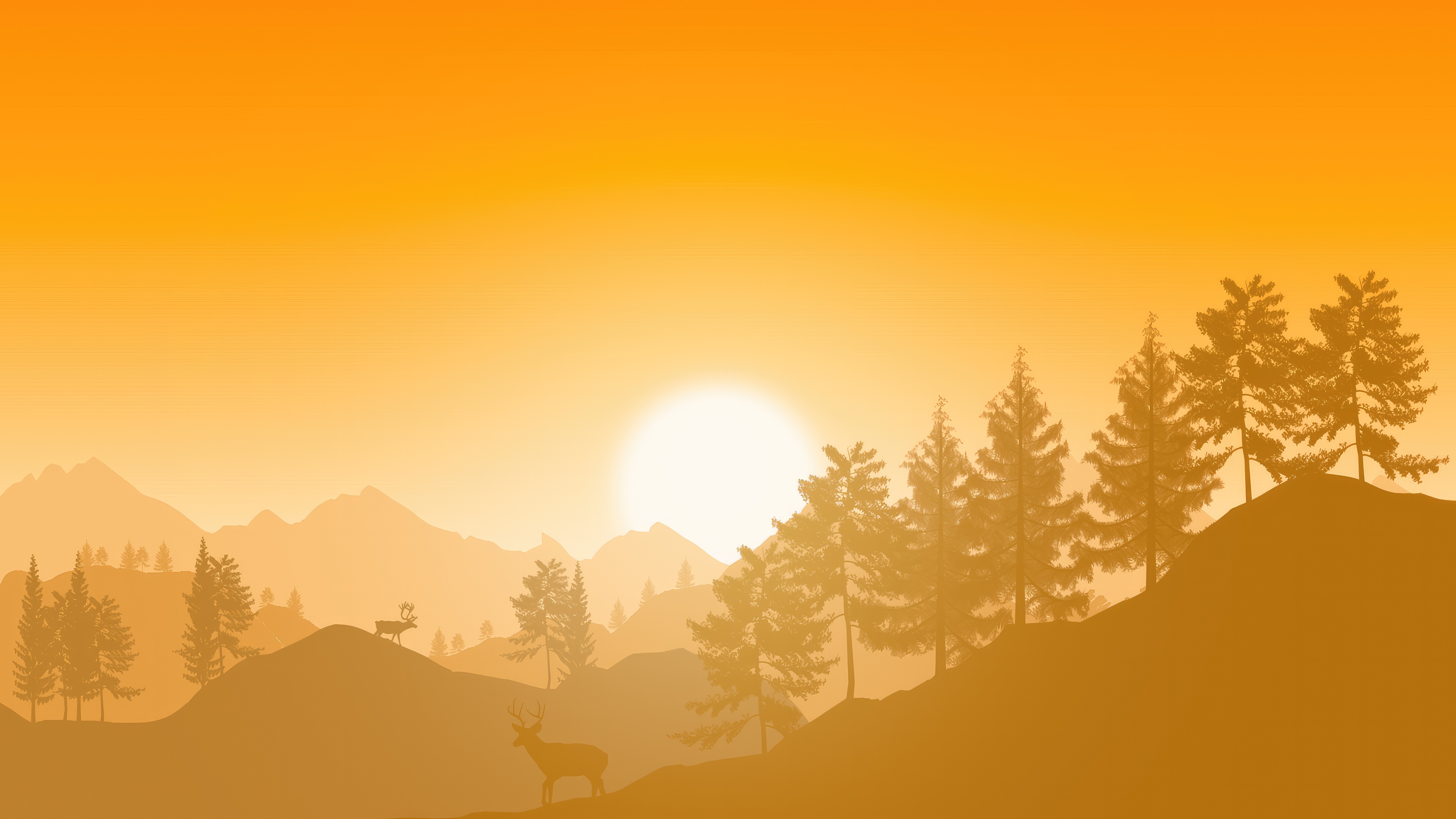 Minimalist sunrise over mountains with reindeer HD Wallpaper