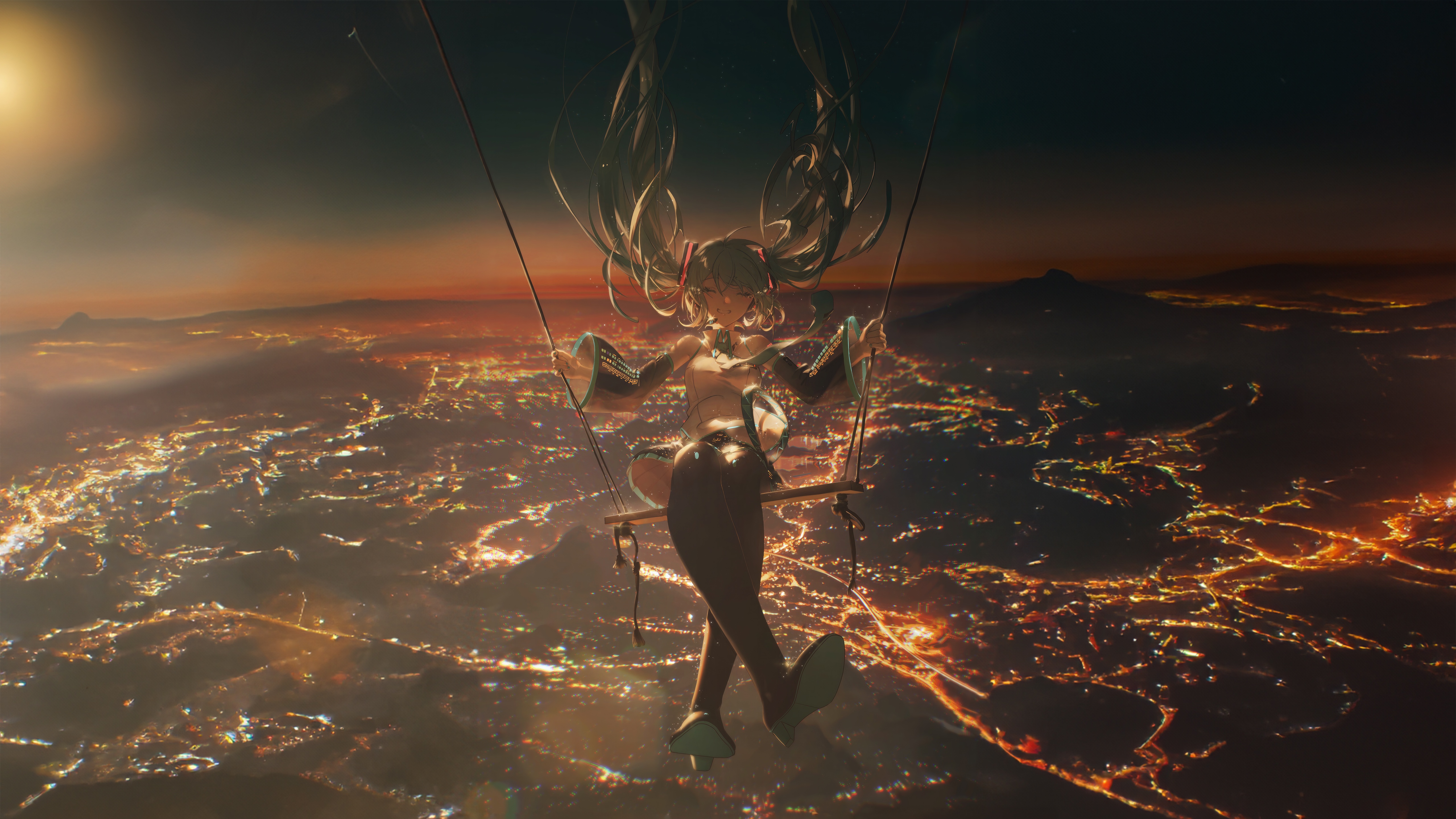 Hatsune Miku on a swing over a city at sunset HD Wallpaper