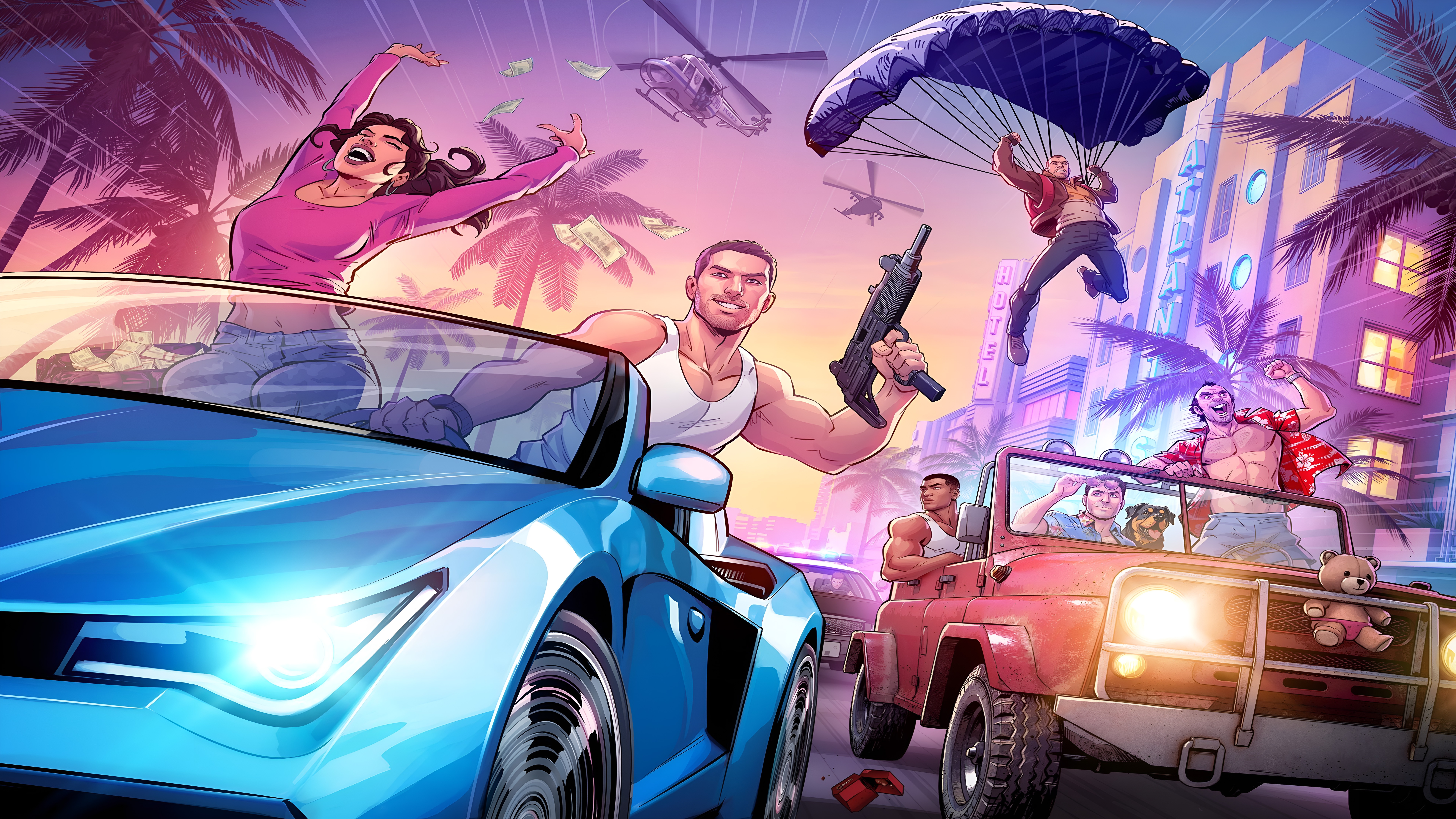 Grand Theft Auto VI Tribute with Parachutist and Cars HD Wallpaper