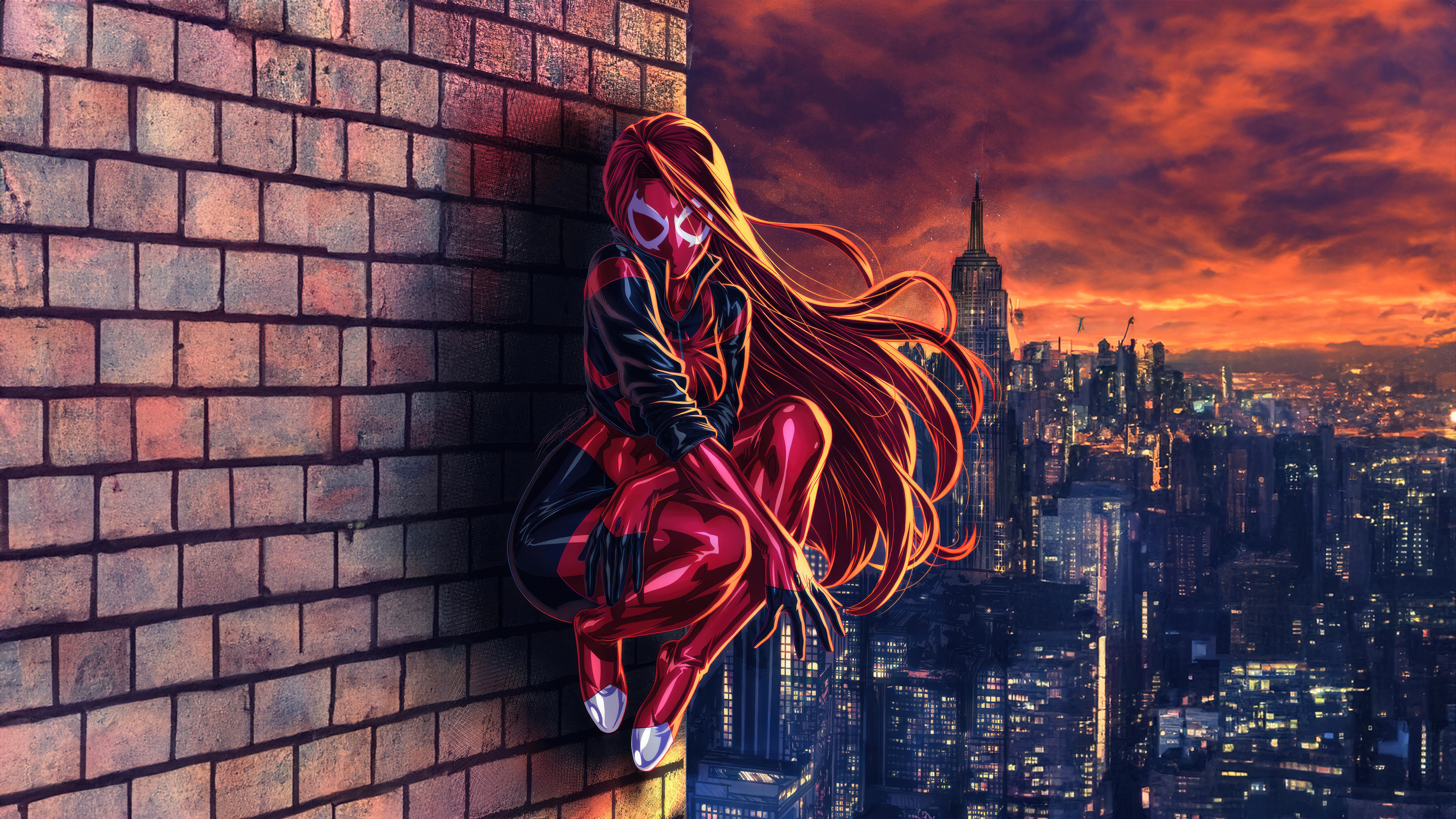Mary Jane Watson as Scarlet Spider overlooking city HD Wallpaper