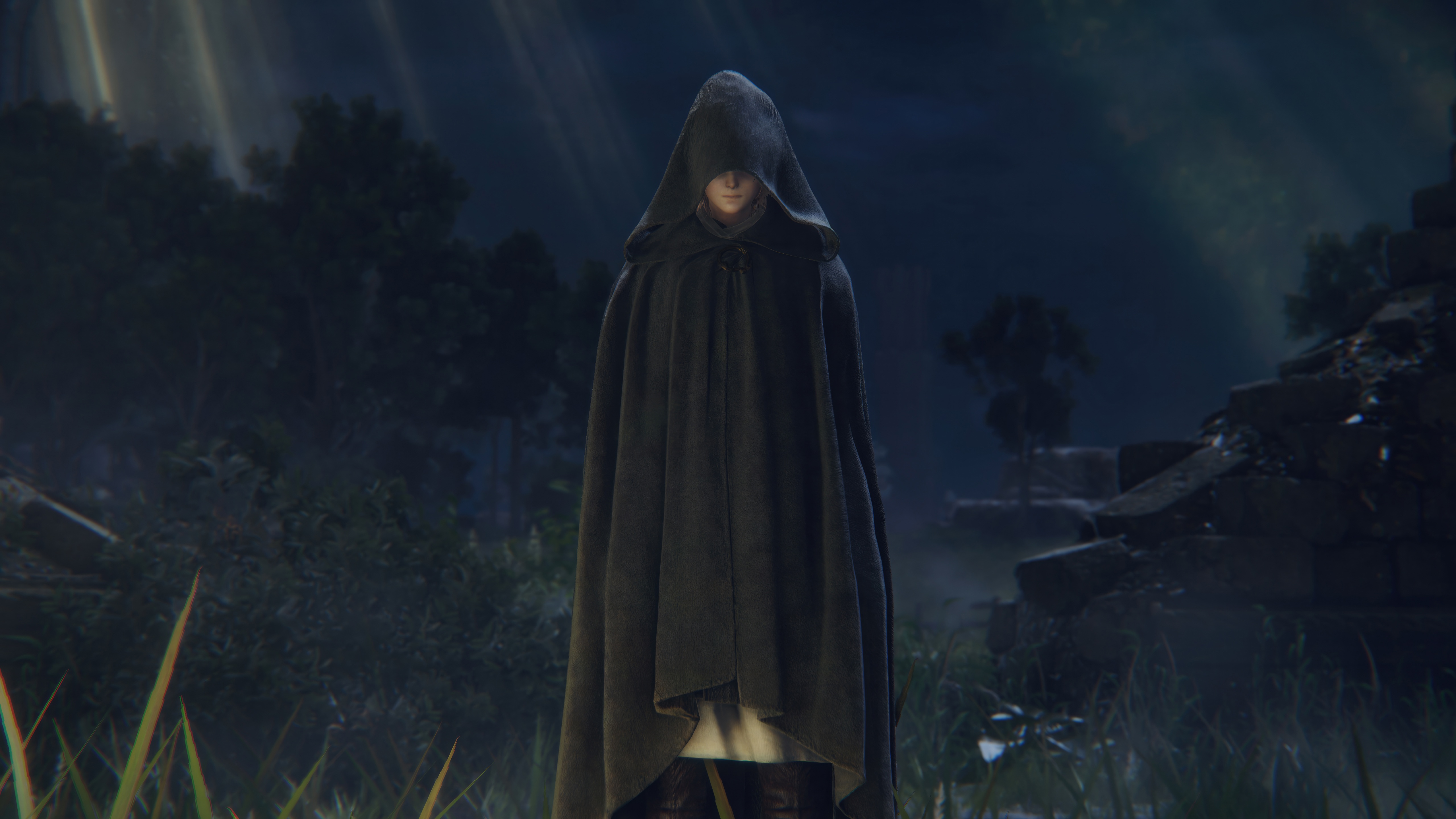 Elden Ring character in a dark forest HD Wallpaper