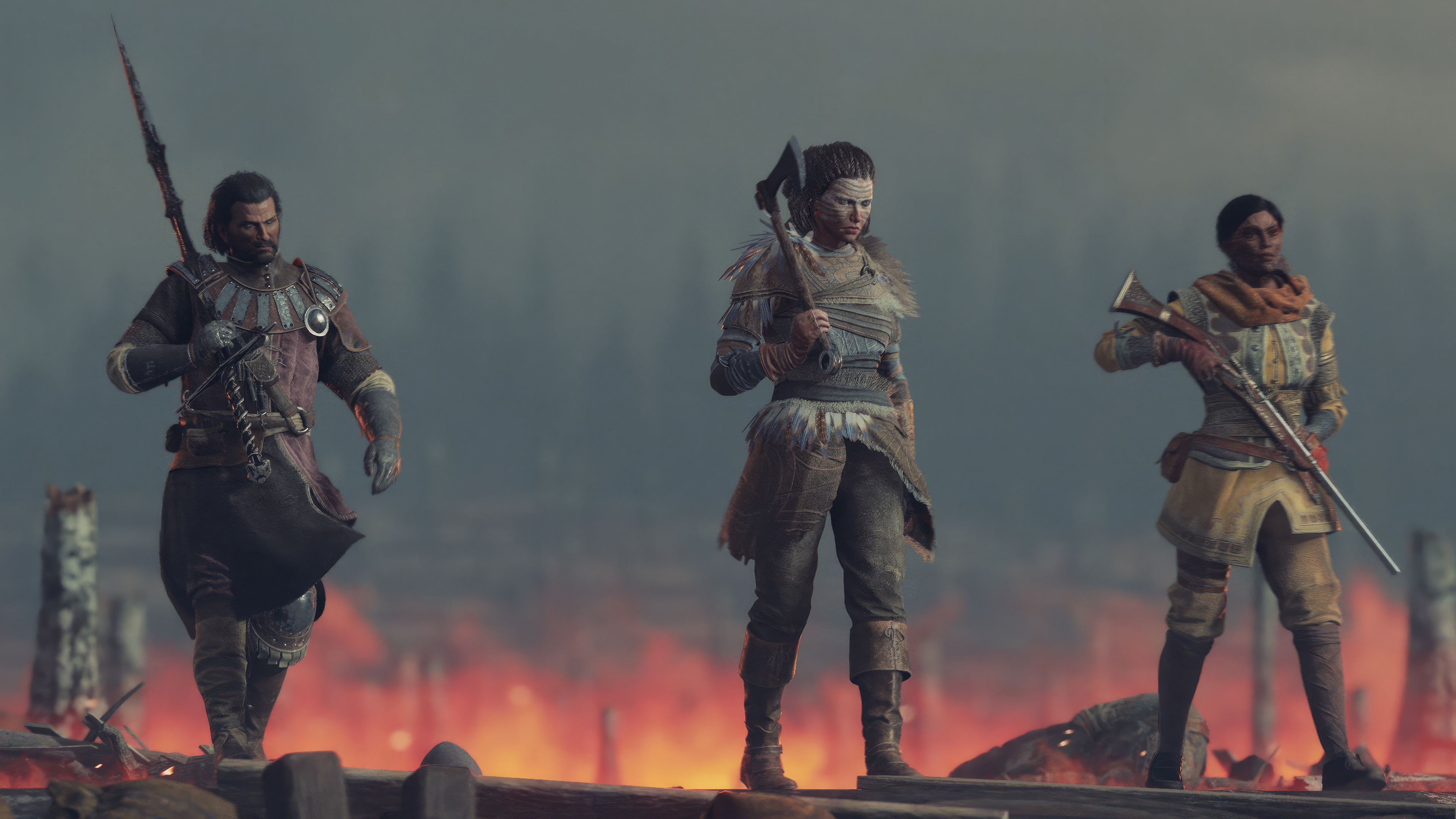 Greedfall 2 characters with weapons in front of fire HD Wallpaper