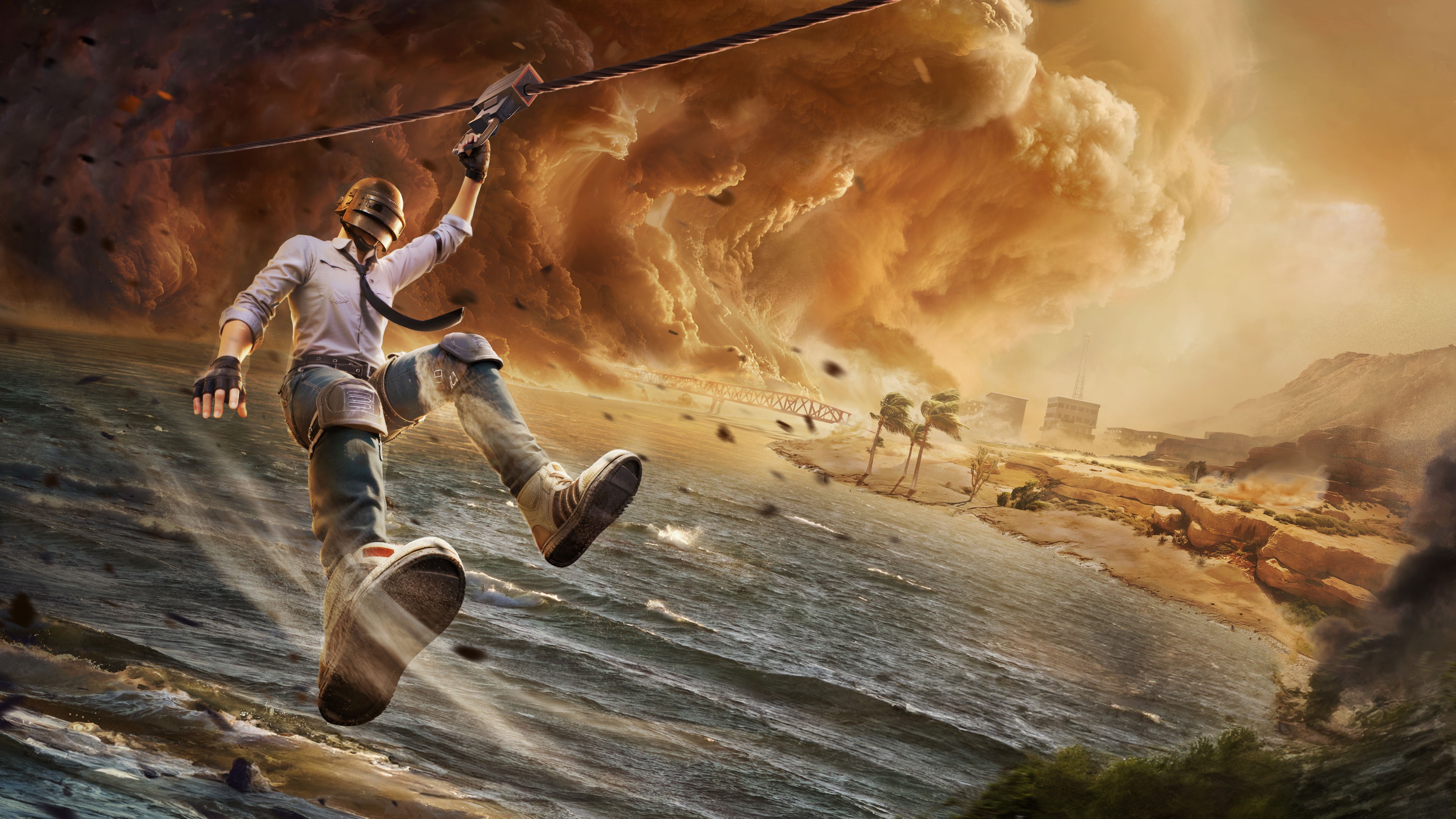 PUBG Player ziplining during a sandstorm HD Wallpaper