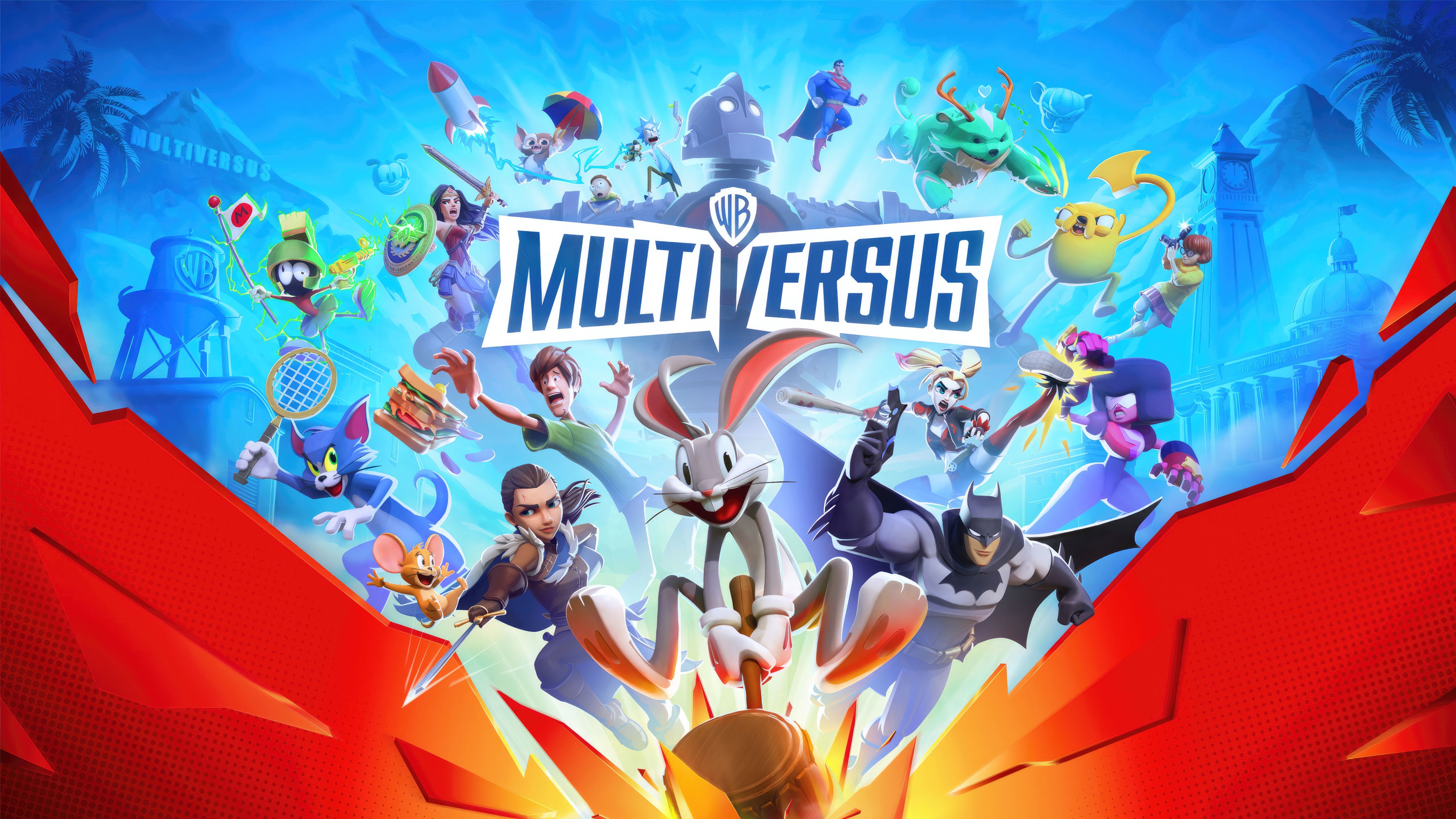 Multiversus characters fighting on a blue background HD Wallpaper