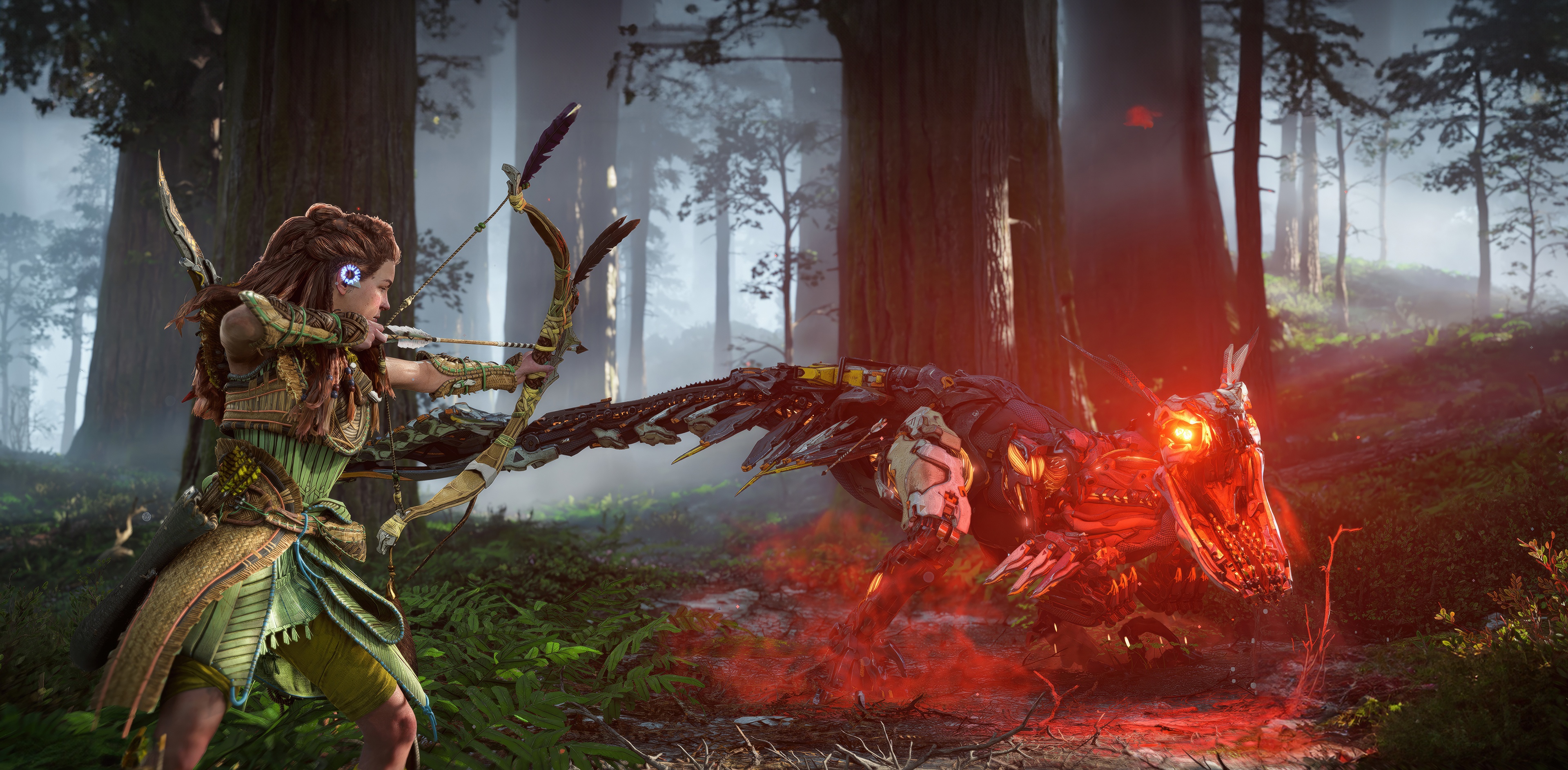 Aloy fights a robotic dinosaur in Horizon Forbidden West HD Wallpaper