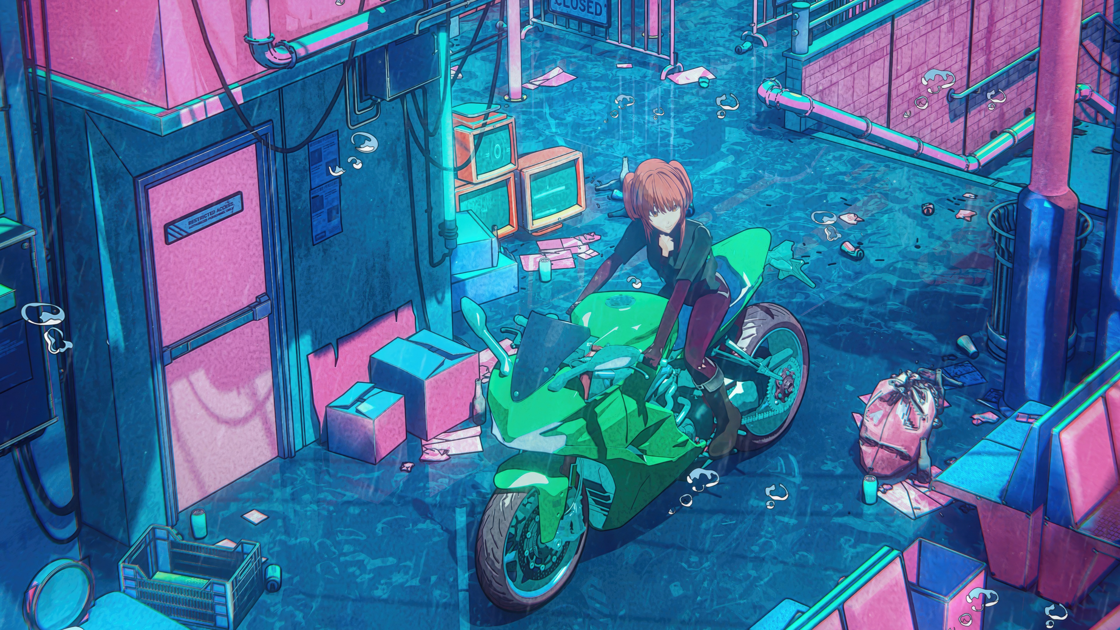 Anime girl biker in a neon-lit sci-fi alley HD Wallpaper
