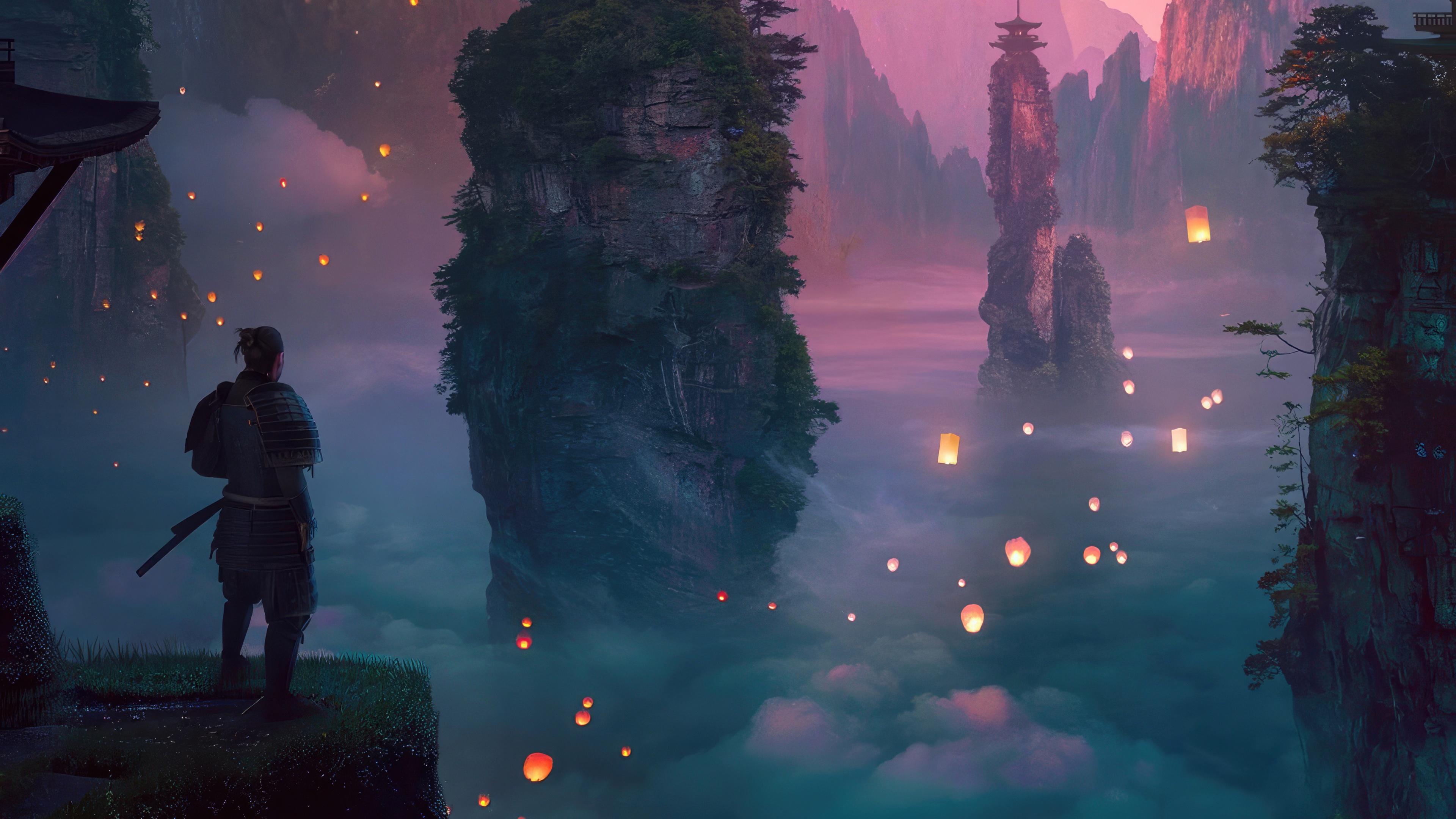 Ghost Of Tsushima Samurai with Lanterns HD Wallpaper