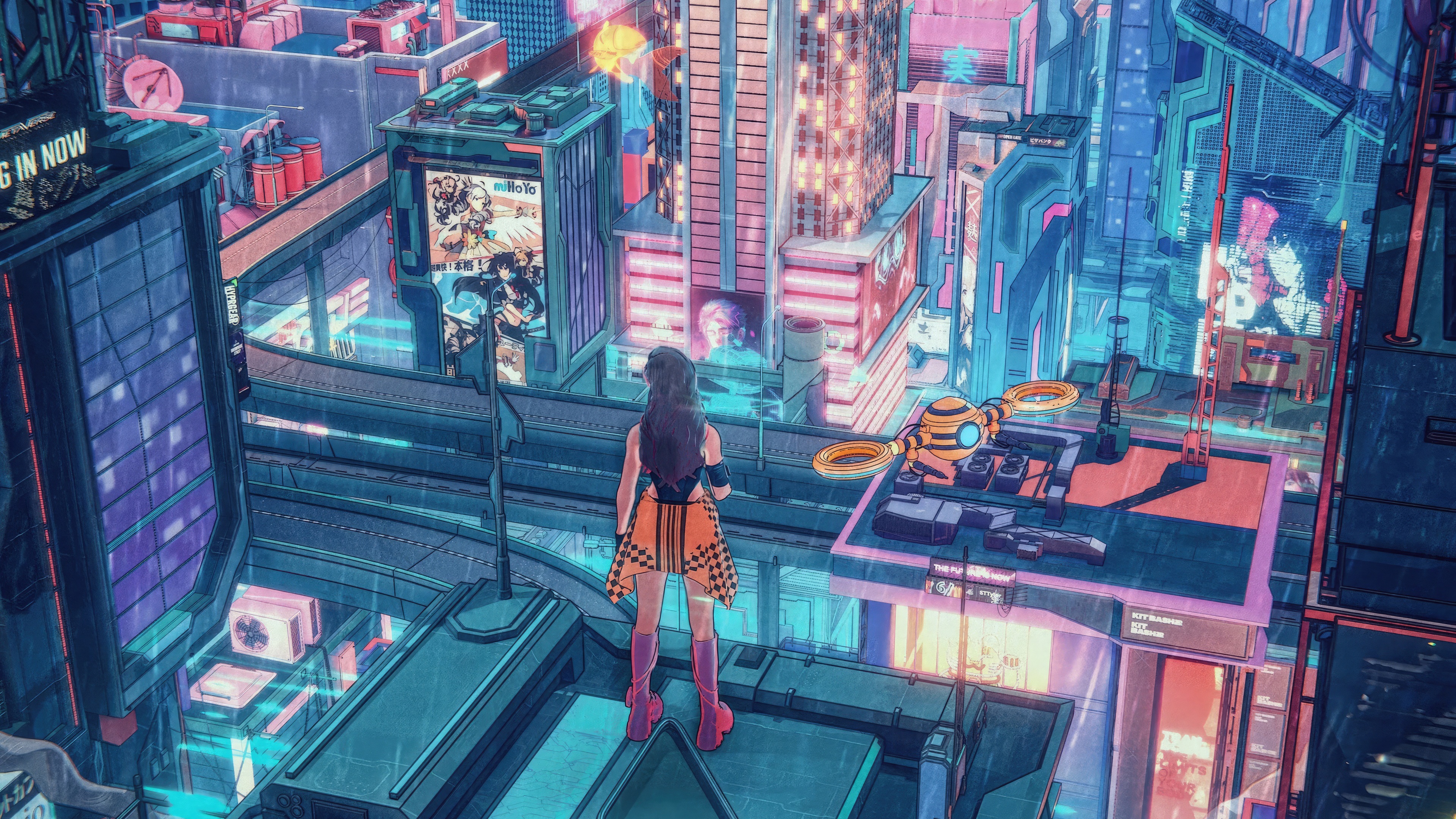 A woman stands on a rooftop overlooking a futuristic city HD Wallpaper