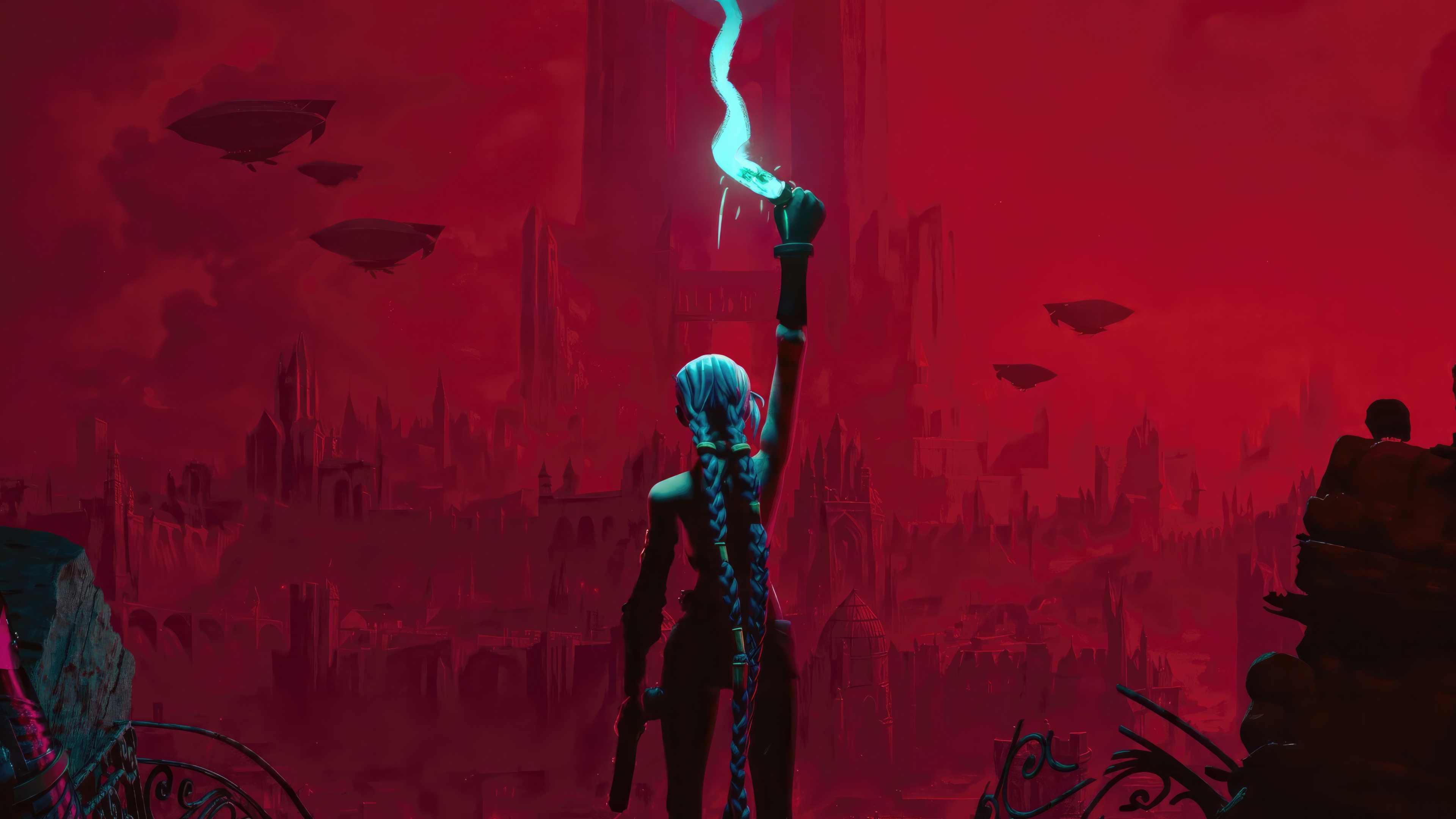 Jinx holds up a glowing torch in a red city HD Wallpaper