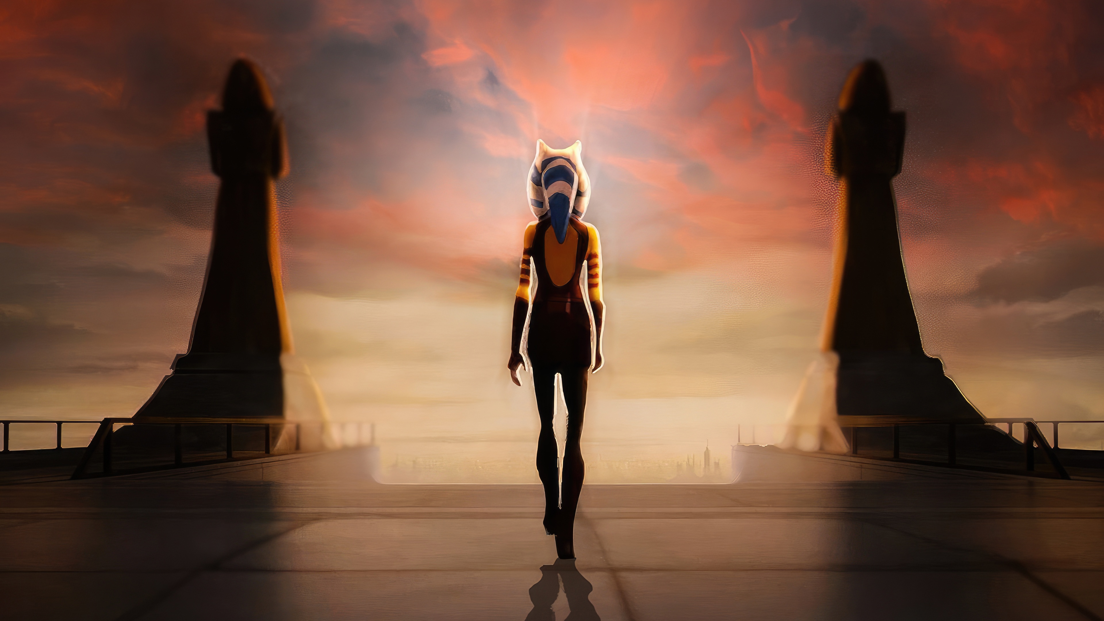 Ahsoka Tano Walking Between Statues at Sunset HD Wallpaper