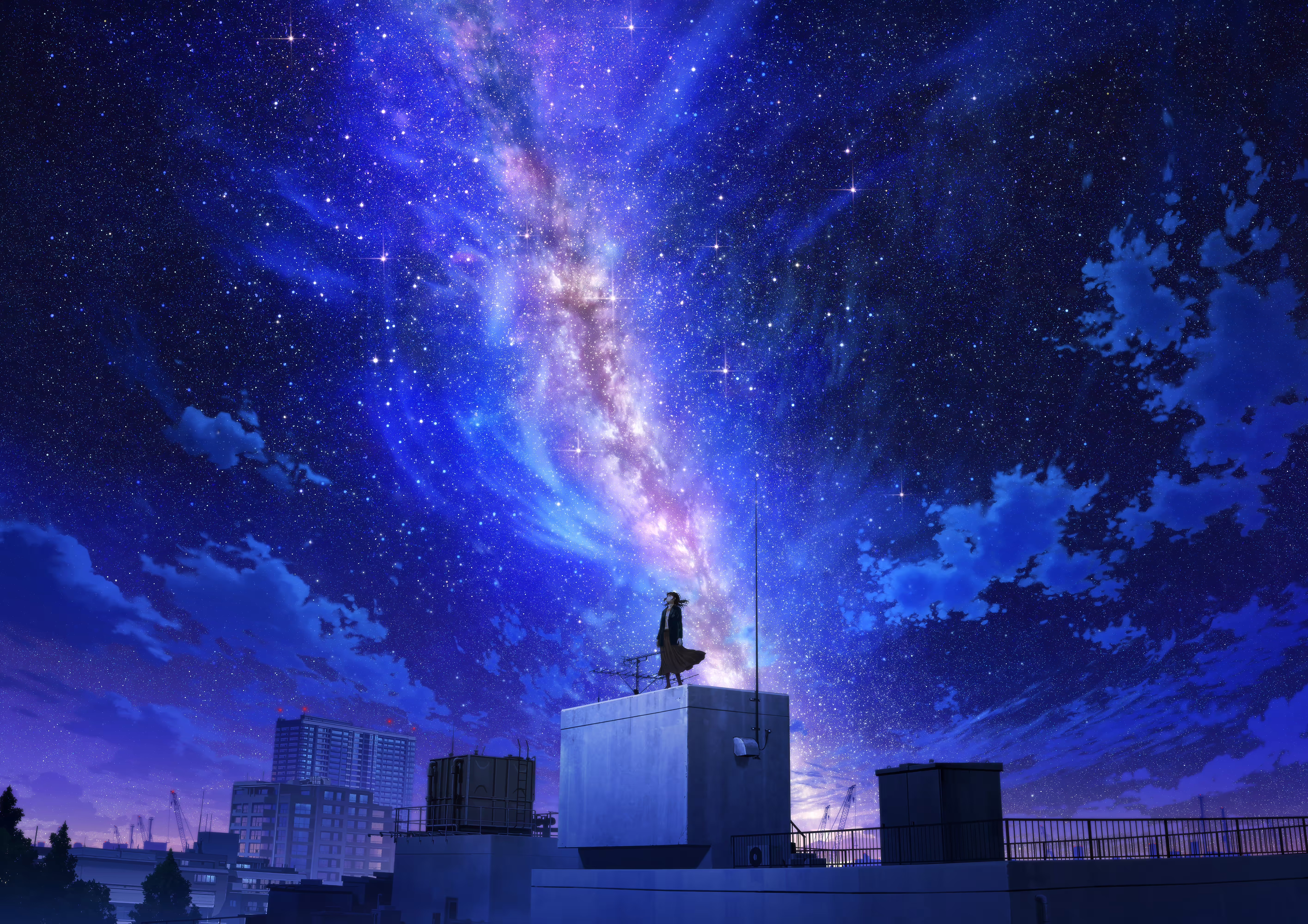 Anime girl on a rooftop under a starry sky HD Wallpaper