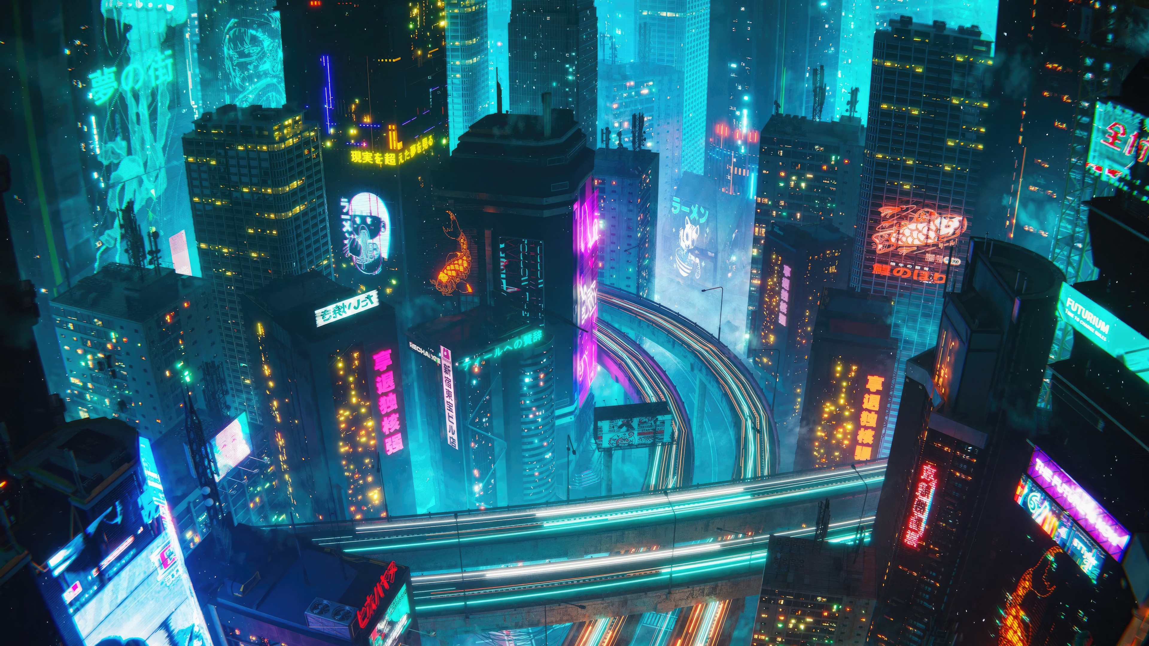 Cyberpunk Cityscape with Neon Lights and Elevated Highway HD Wallpaper