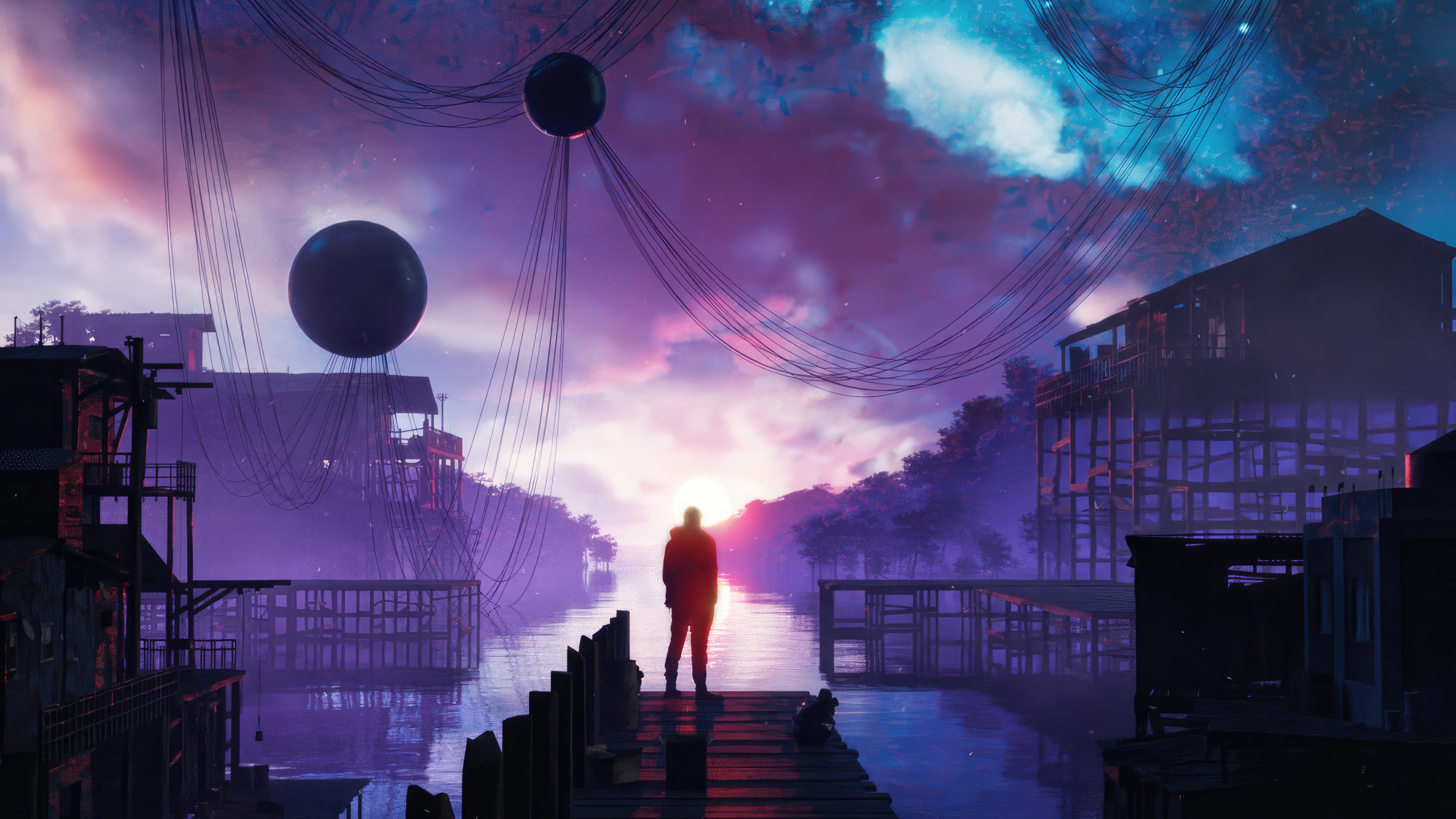 Person standing on a dock at sunset with floating orbs HD Wallpaper