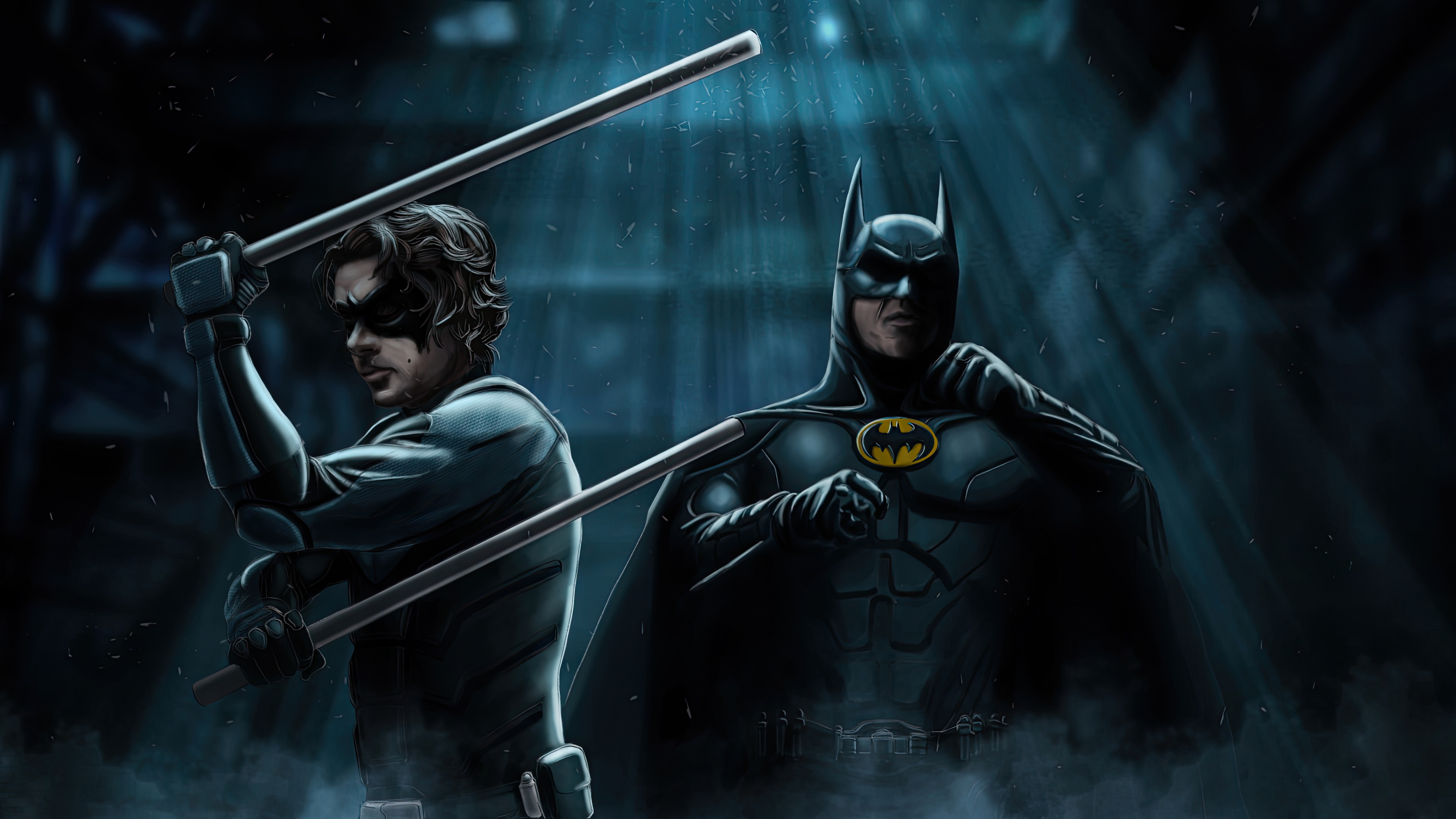 Nightwing and Batman with staffs HD Wallpaper