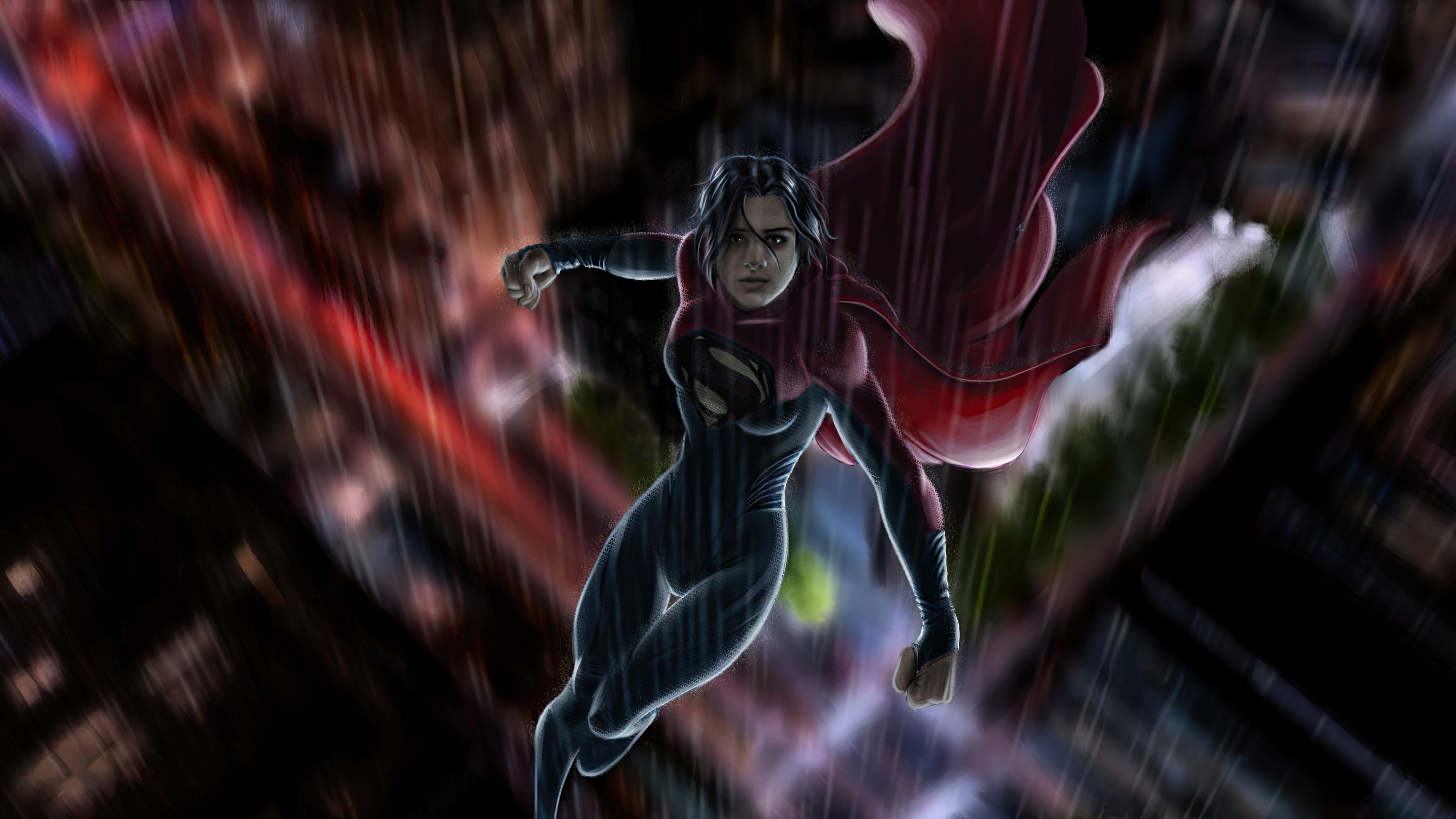 Supergirl flying through a rainy city HD Wallpaper