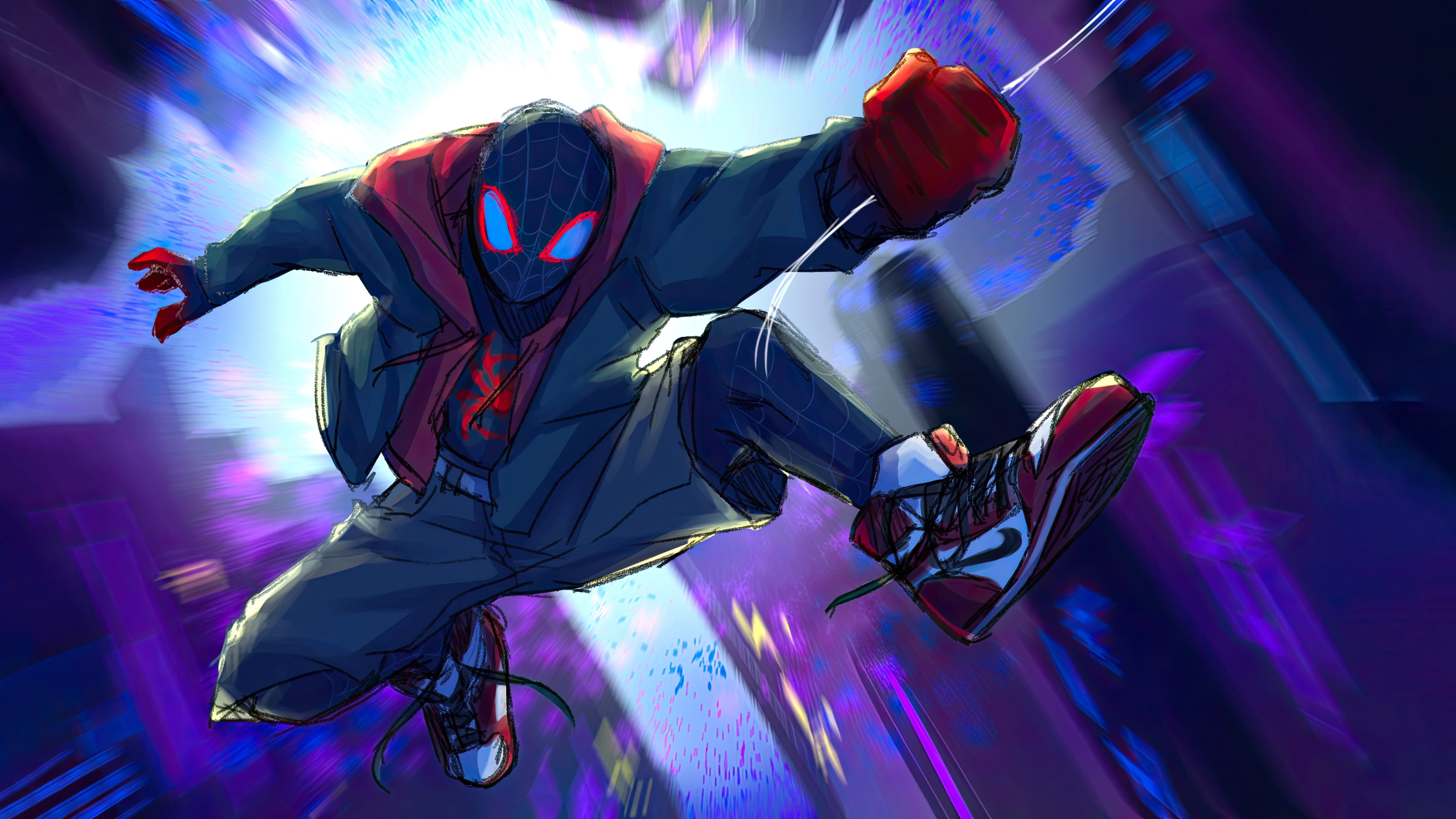 Miles Morales Swinging Through a City HD Wallpaper