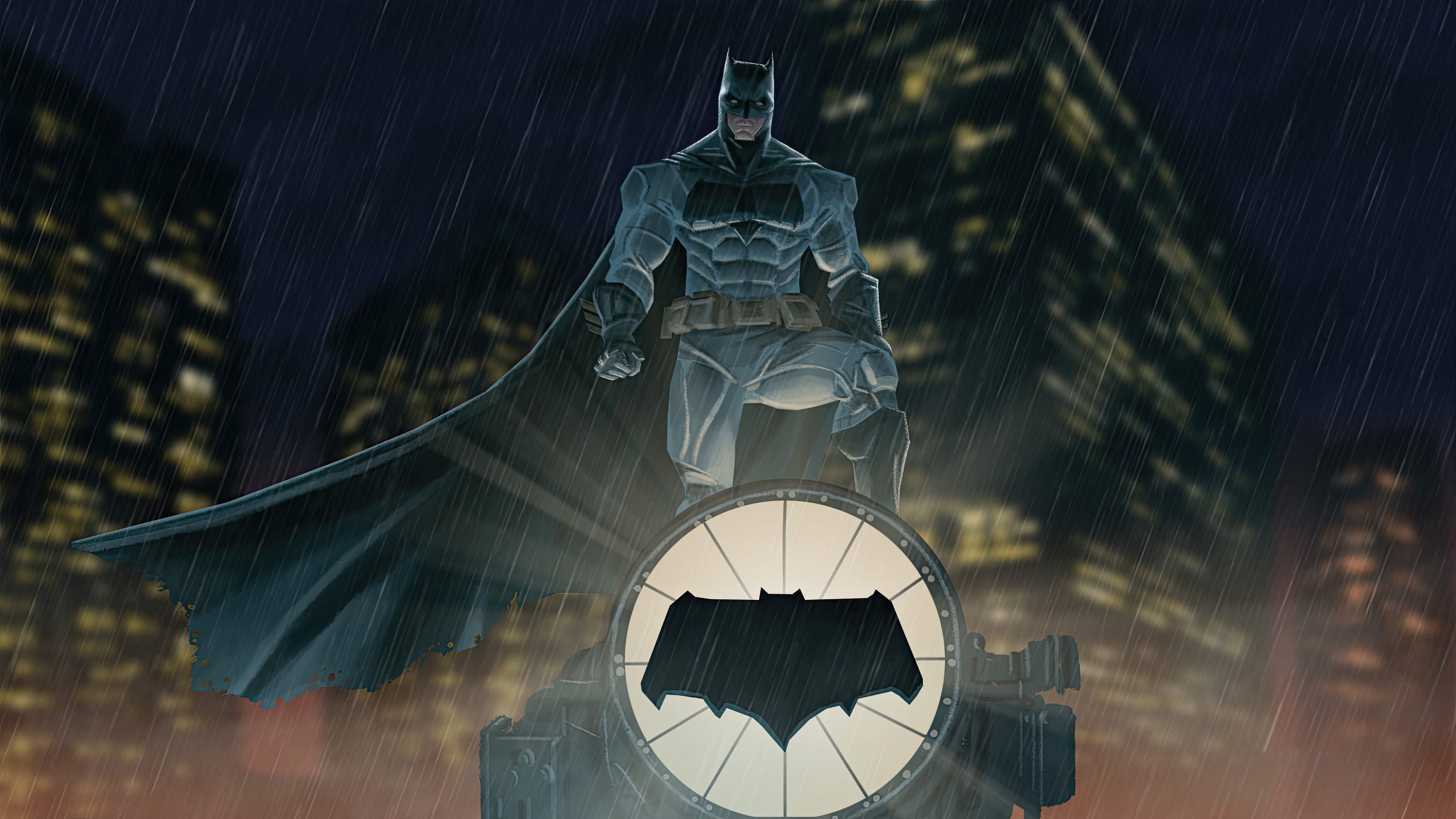 Batman standing on a symbol in the rain HD Wallpaper