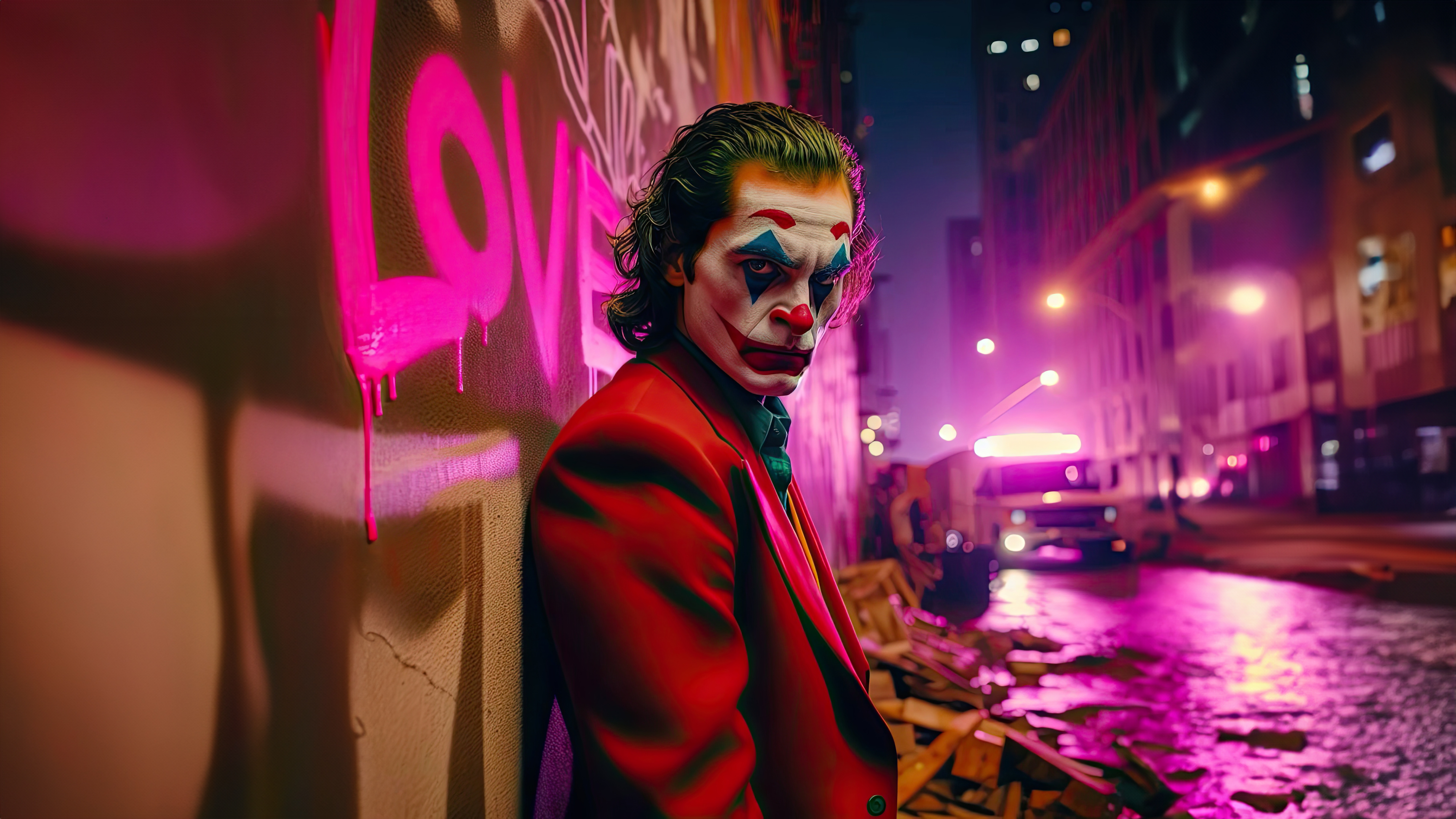 The Joker leaning against a graffiti-covered wall HD Wallpaper